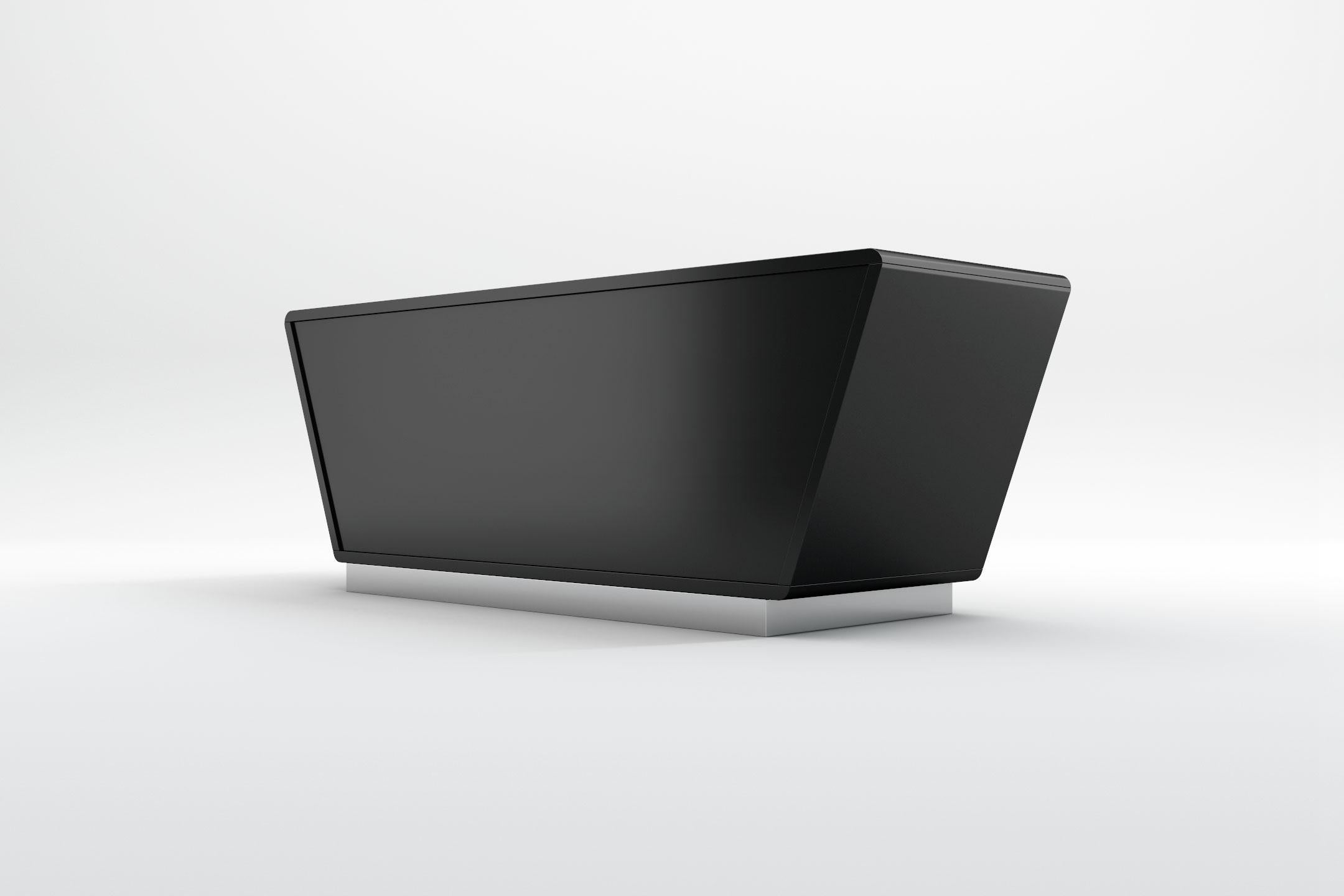 European Obsidian Small TV Console - Modern Black Lacquered Console with Chromed Plinth For Sale