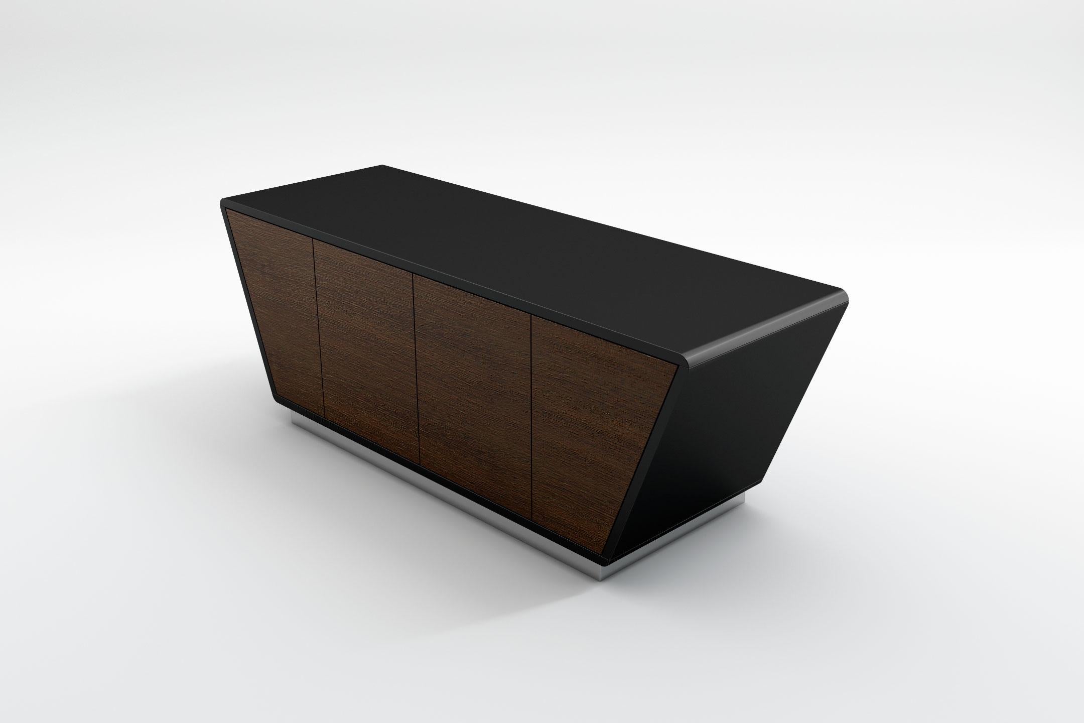 Obsidian Small TV Console - Modern Black Lacquered Console with Chromed Plinth In New Condition For Sale In London, GB