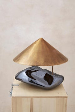 Obsidian Table Lamp in Mirror and Glass with Brass Lighting Fixture by Homa