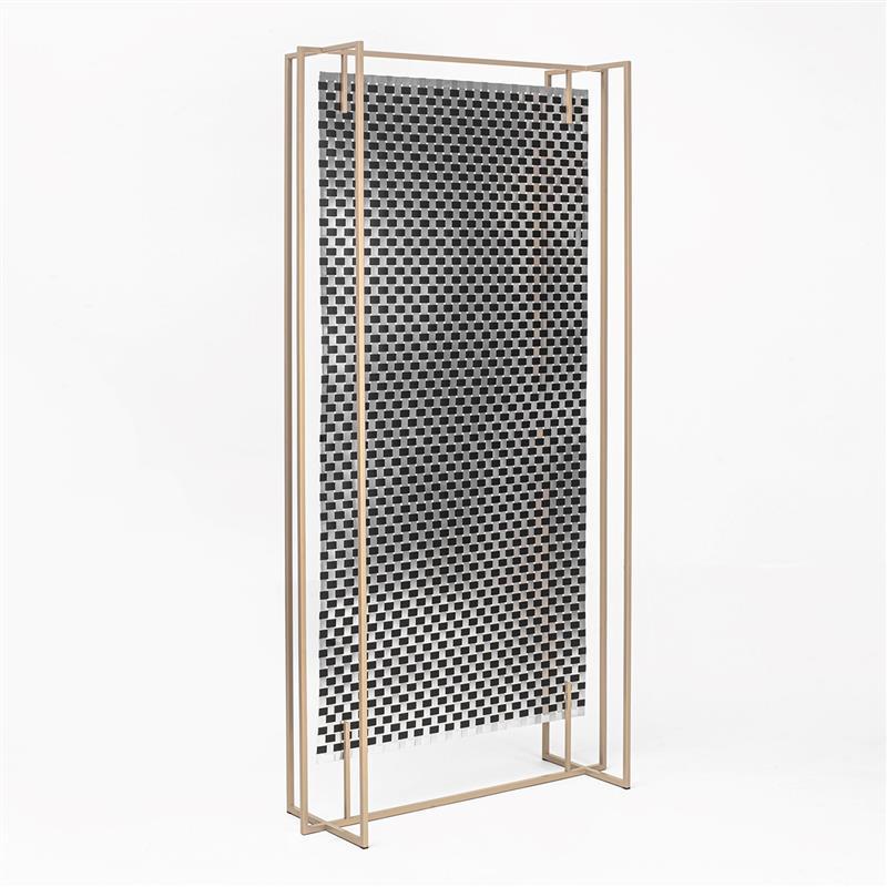 This sophisticated floor panel features an elegant, thin, gold-colored frame and stylish 60s Op-Art canvas. Highly versatile, this dual-purpose style can be used as a room divider or as a decorative backdrop when placed against a wall. Its woven