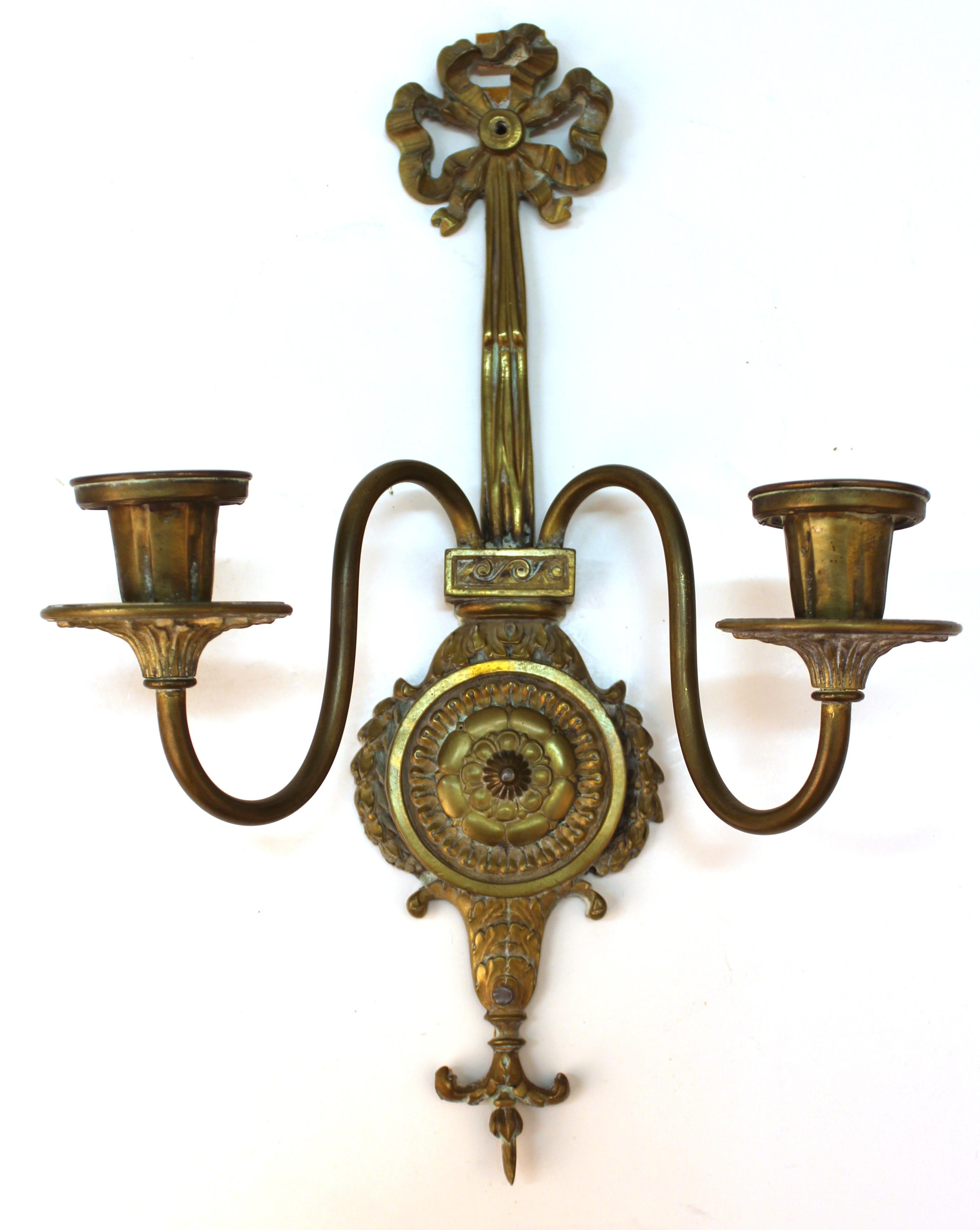 American O.C. White Co. Neoclassical Style Gilt Brass Candelabra Sconces For Sale