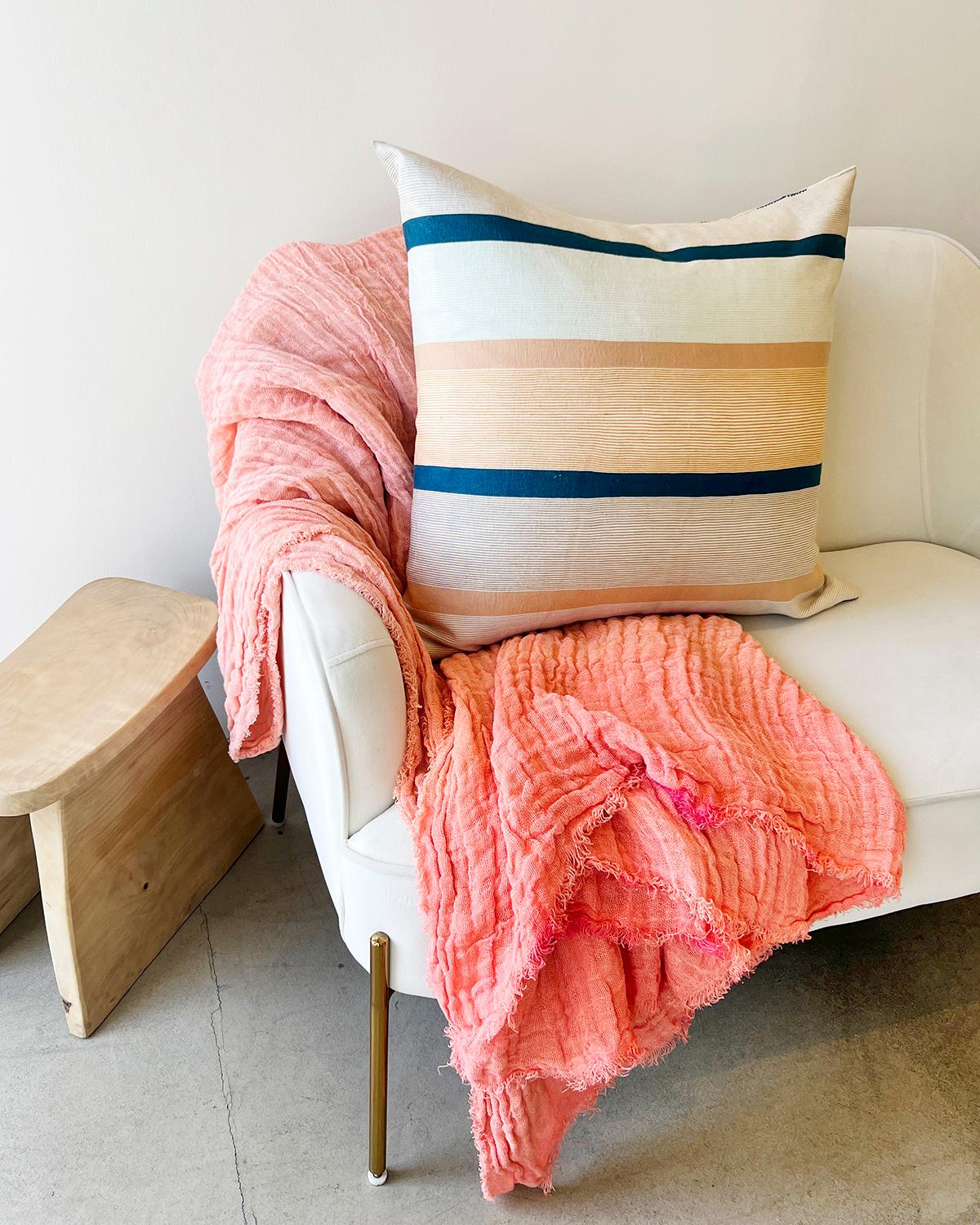 Scandinavian Modern Ocaso Throw Pillow, Cotton Striped Navy, Pink, Blue Large Handmade For Sale
