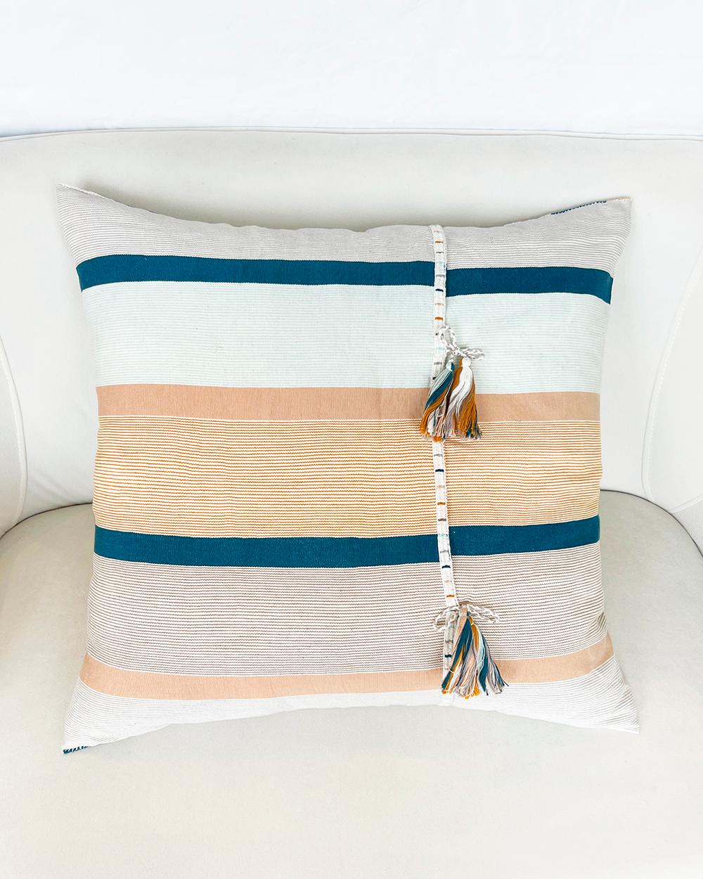 Hand-Woven Ocaso Throw Pillow, Cotton Striped Navy, Pink, Blue Large Handmade For Sale