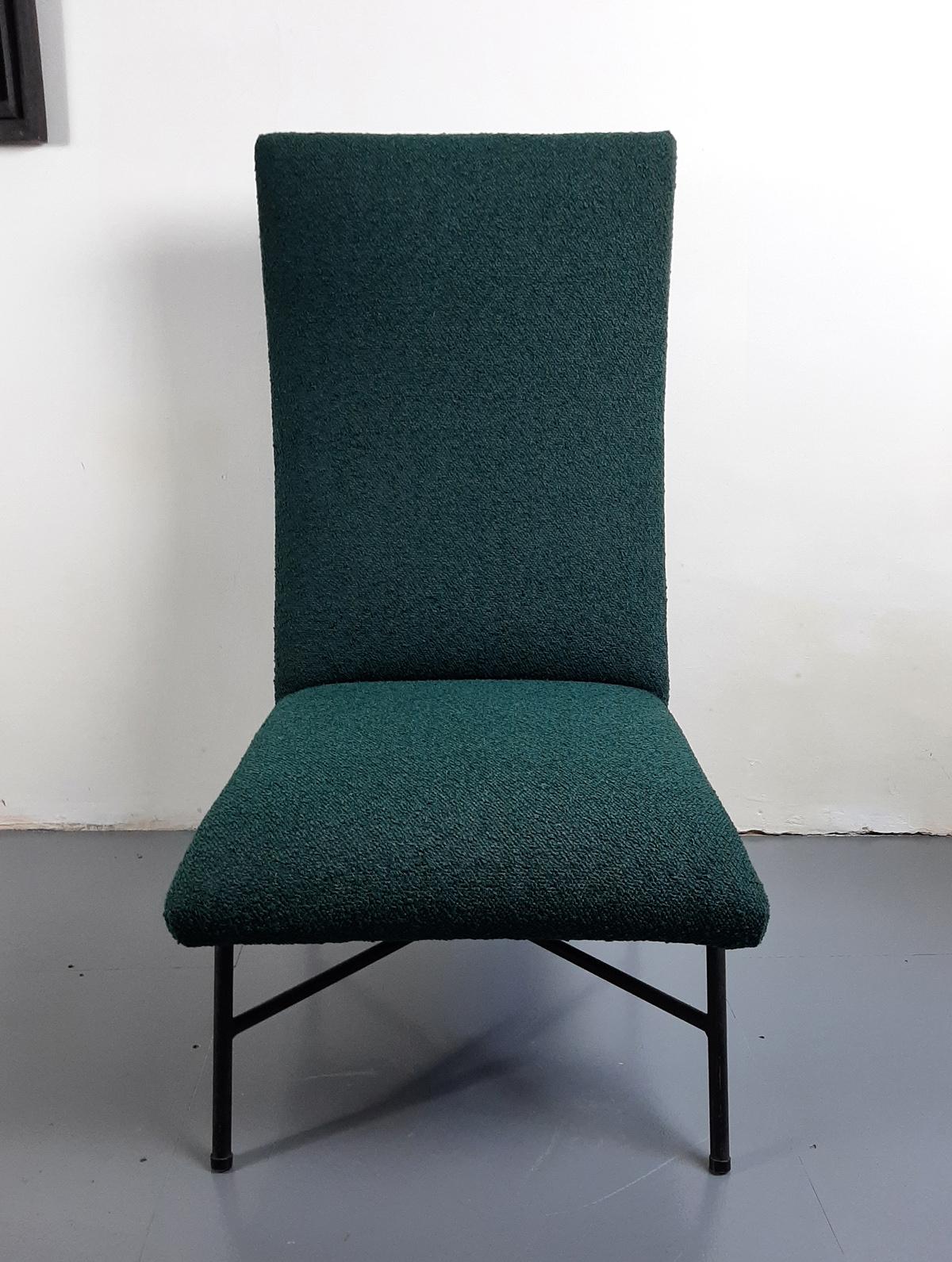 Mid-century, modernist occasional chair by Genevieve Dangles-Christian Defrance for Burov, 1950s. Iron structure, newly upholstered in a green boucle Dedar fabric.

Dimensions : H 92 x W 76 x D 51 cm.