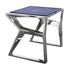 Sedia "Occhi azzurri" con acciaio inossidabile e pelle intrecciata, Istanbul