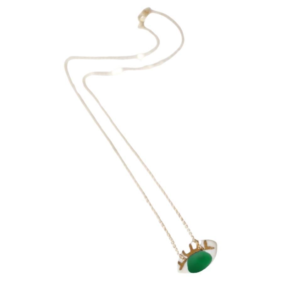 Occhi Necklace in Green - Handmade porcelain charm with 14k gold leaf detail For Sale