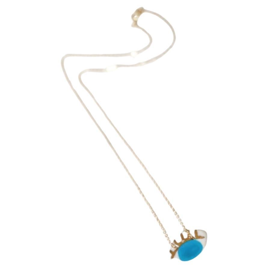 Occhi Necklace in Turquoise - Handmade porcelain charm with 14k gold leaf detail For Sale