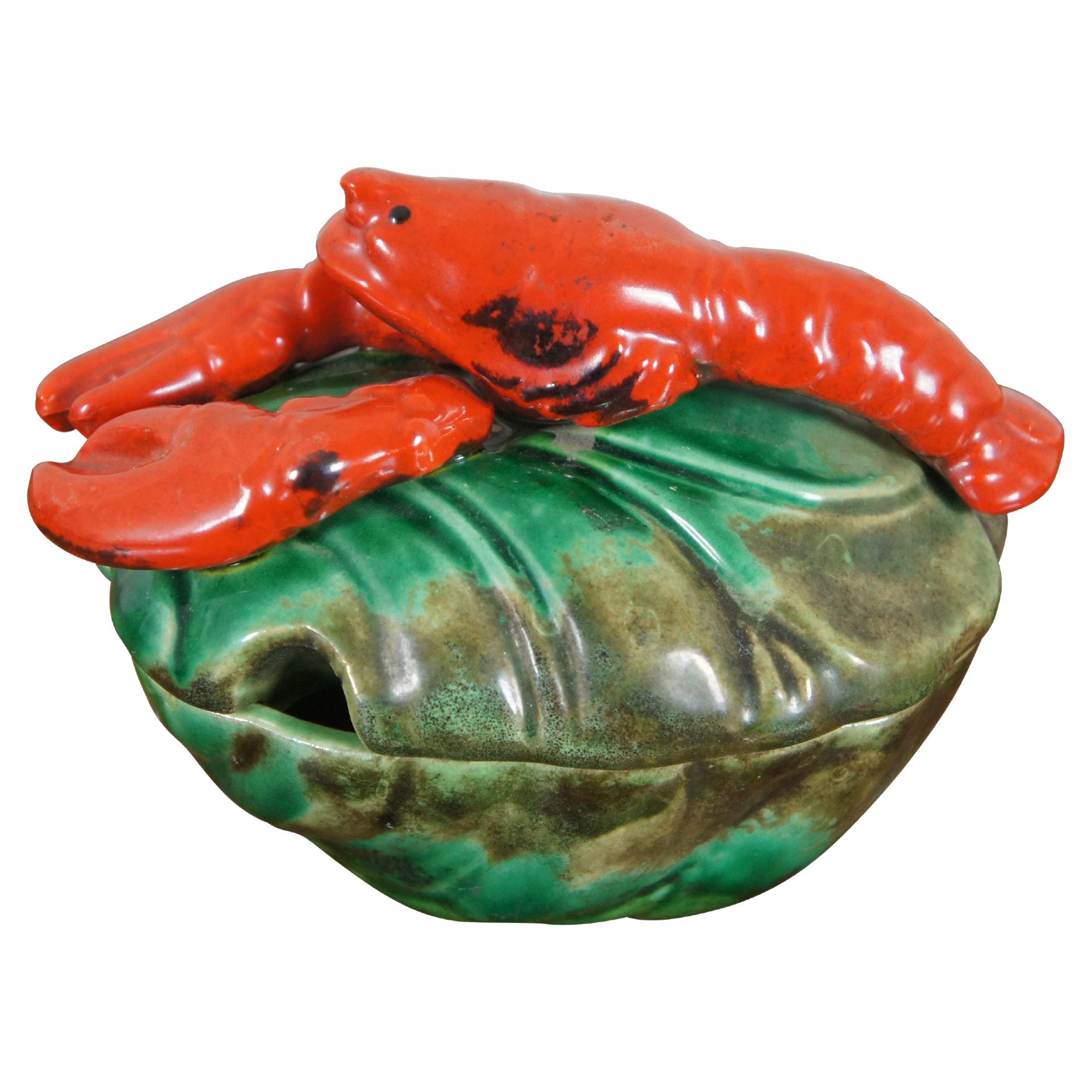 Occupied Japan Porcelain Lobster Cabbage Leaf Sugar Bowl Jam Condiment Dish 6" For Sale