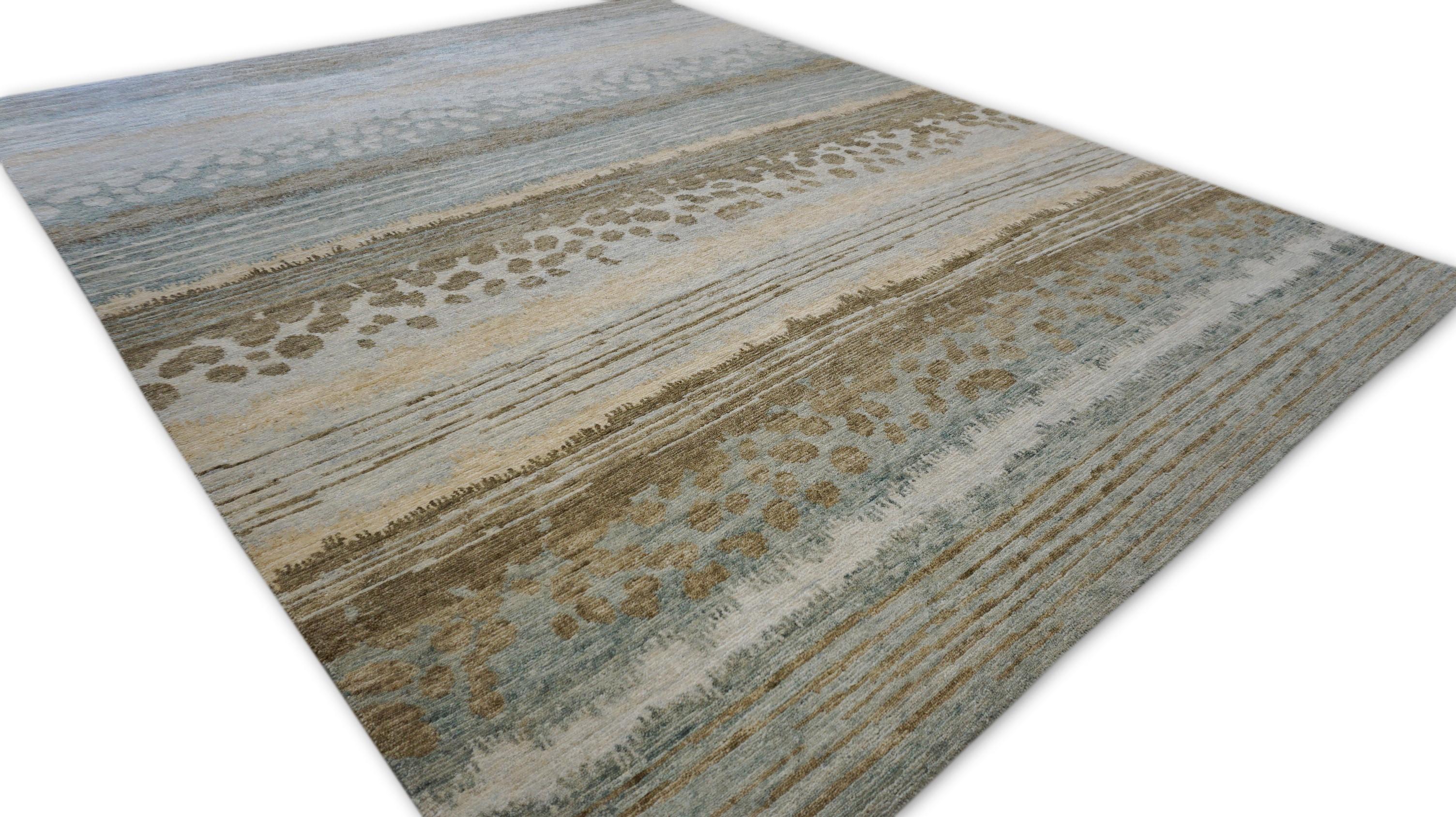 Noué à la main Tapis océan abstrait en laine vert et menthe 8'x10'2'' en vente