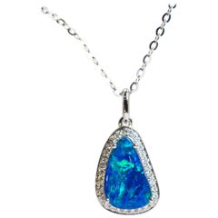 Ocean Abyss Australian Black Opal Doublet Diamond Halo 14K White Gold Pendant