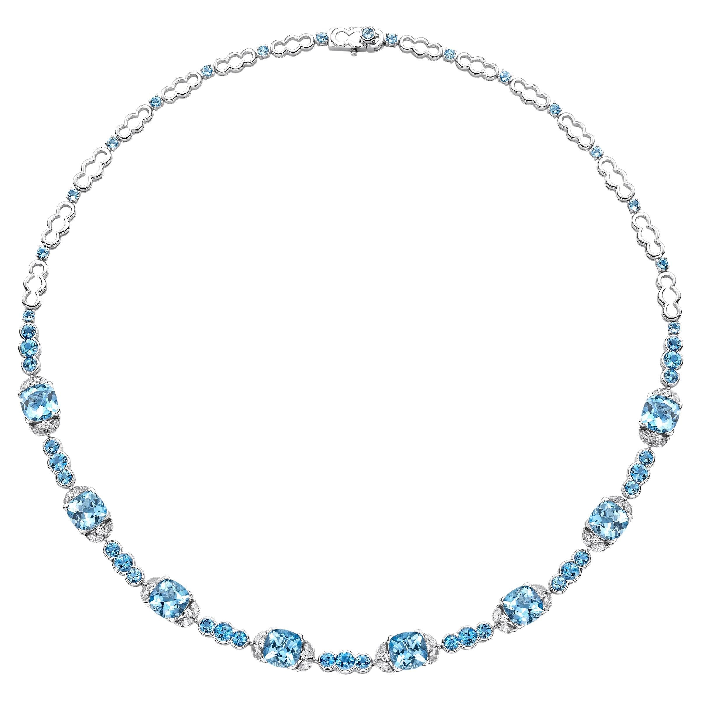 Collier d'aigue-marine bleu océan avec diamants, 18 carats
