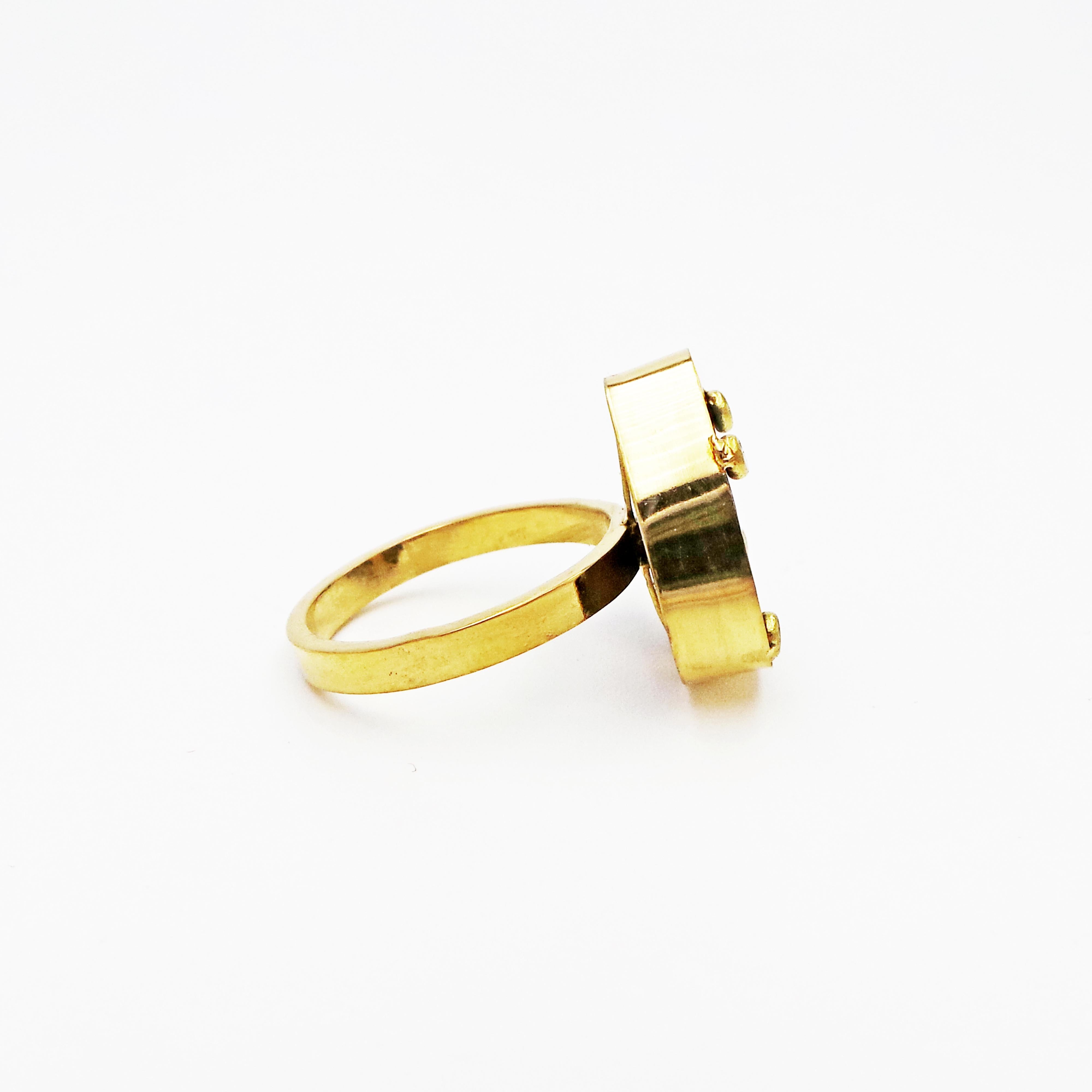 Modern, hand-fabricated blue and green Australian Boulder Opal and 22k yellow gold ring. Size  6 1/2. Beautiful, natural color scheme and minimalist design.