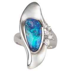 Ocean Blue Australian Boulder Opal Ring PT900 Platinum V1105