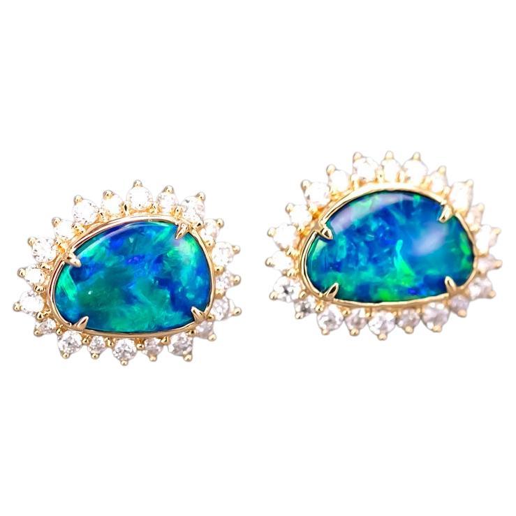Ocean Blue Doublet Opal Diamond Hola Stud Earrings 18k Yellow Gold