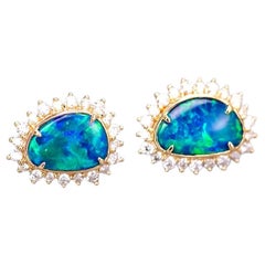 Ocean Blue Doublet Opal Diamond Hola Stud Earrings 18k Yellow Gold