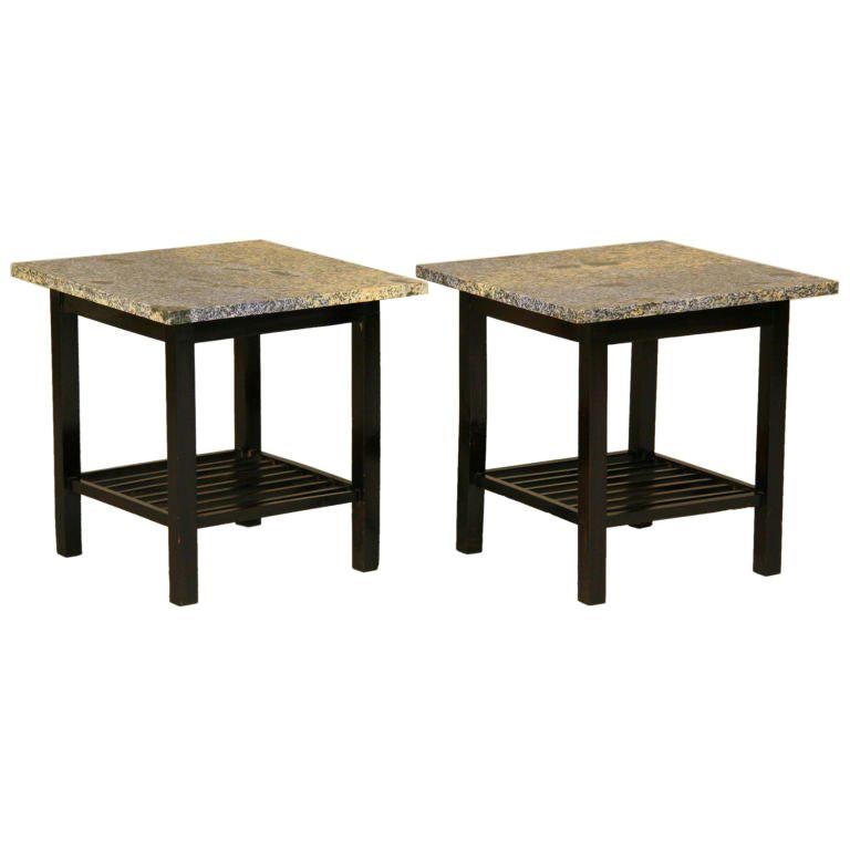 Ocean Blue Granite and Ebonized Rosewood Side Tables For Sale