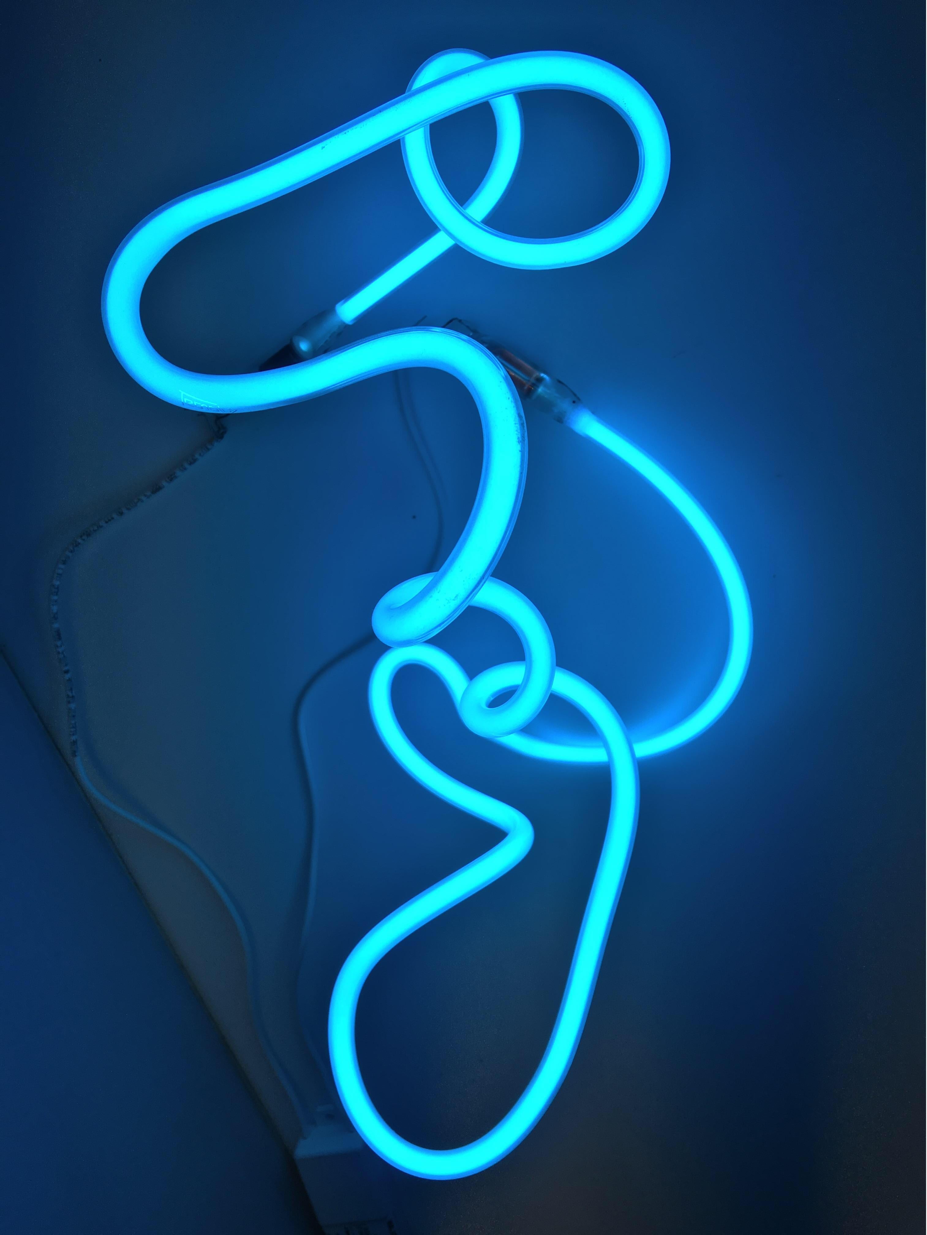 American Ocean Blue Neon Light Sculpture, Glass Abstract, Handbent, One of a Kind, Modern For Sale