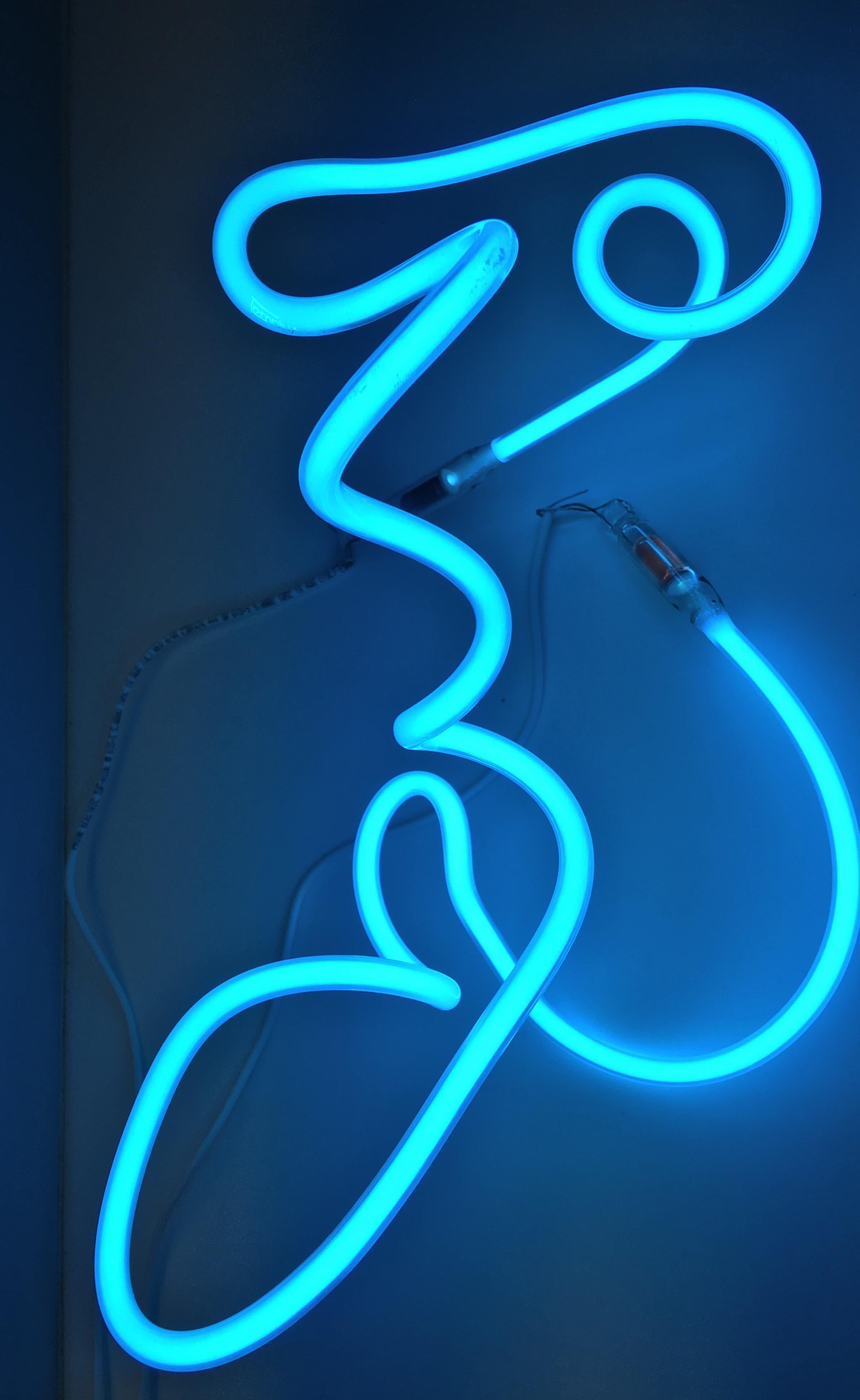 Ocean Blue Neon Light Sculpture, Glass Abstract, Handbent, One of a Kind, Modern In New Condition For Sale In Brooklyn, NY