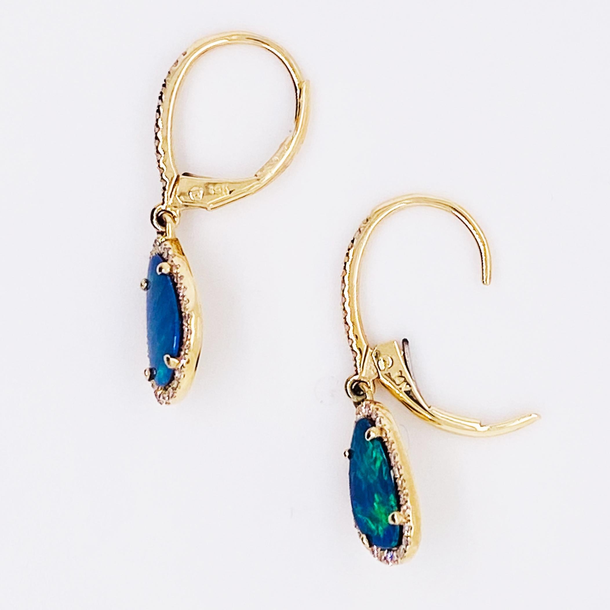 Artisan Ocean Blue Opal Diamond Halo Earrings 14K Yellow Gold Opal Earring Dangles For Sale