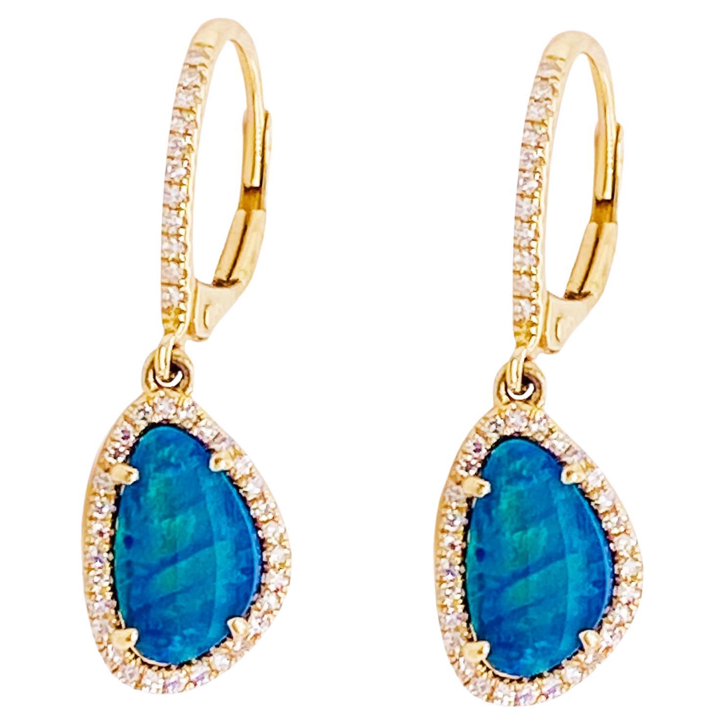 Ocean Blue Opal Diamond Halo Earrings 14K Yellow Gold Opal Earring Dangles For Sale