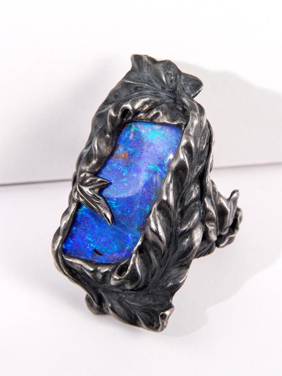 Statement-Ring, Ozeanblauer Opal, Ring, Gold, australischer blauer Opal (Art nouveau) im Angebot