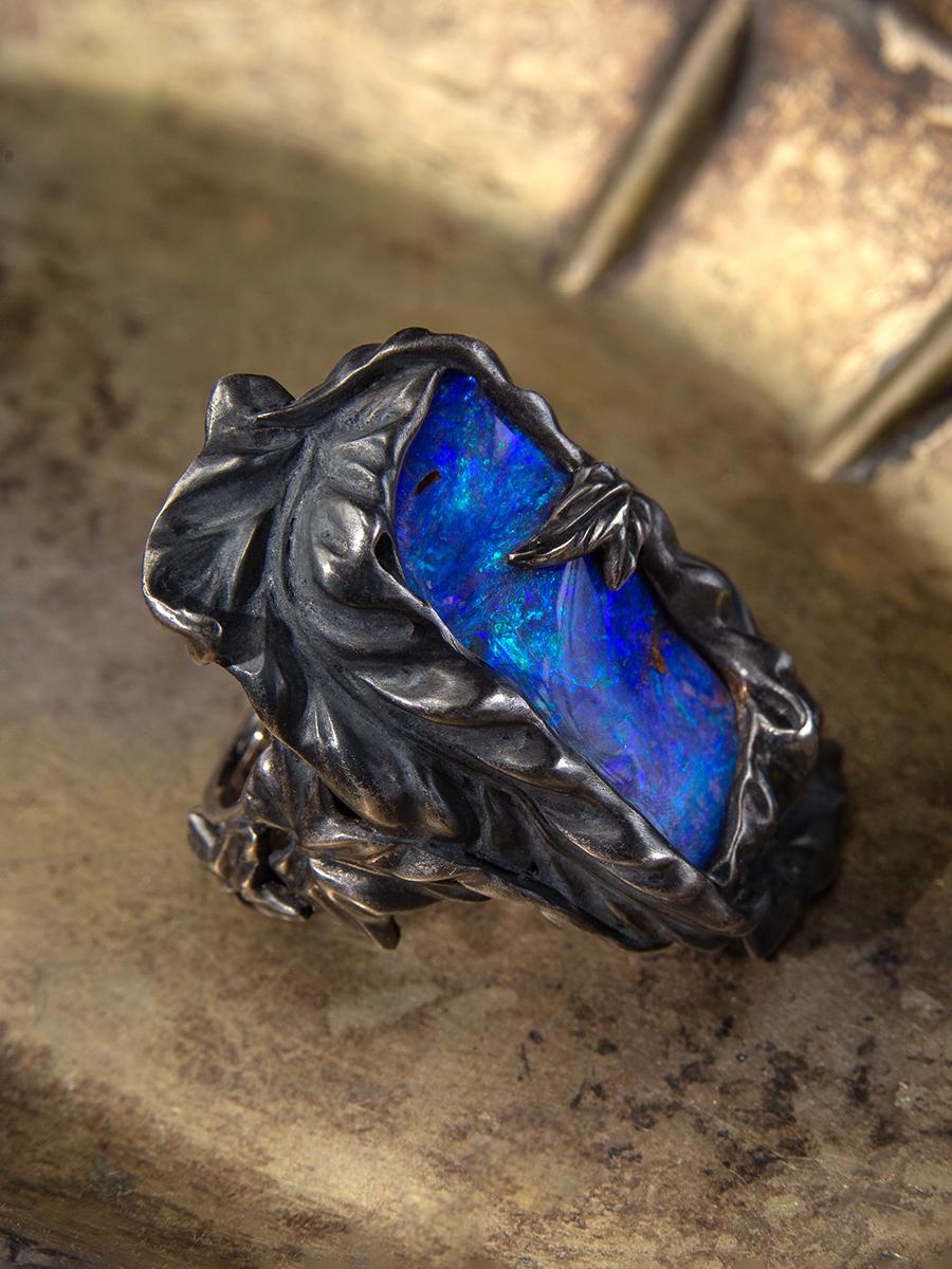 Bague d'affirmation en or avec opale bleu océan et opale bleue australienne en vente 3