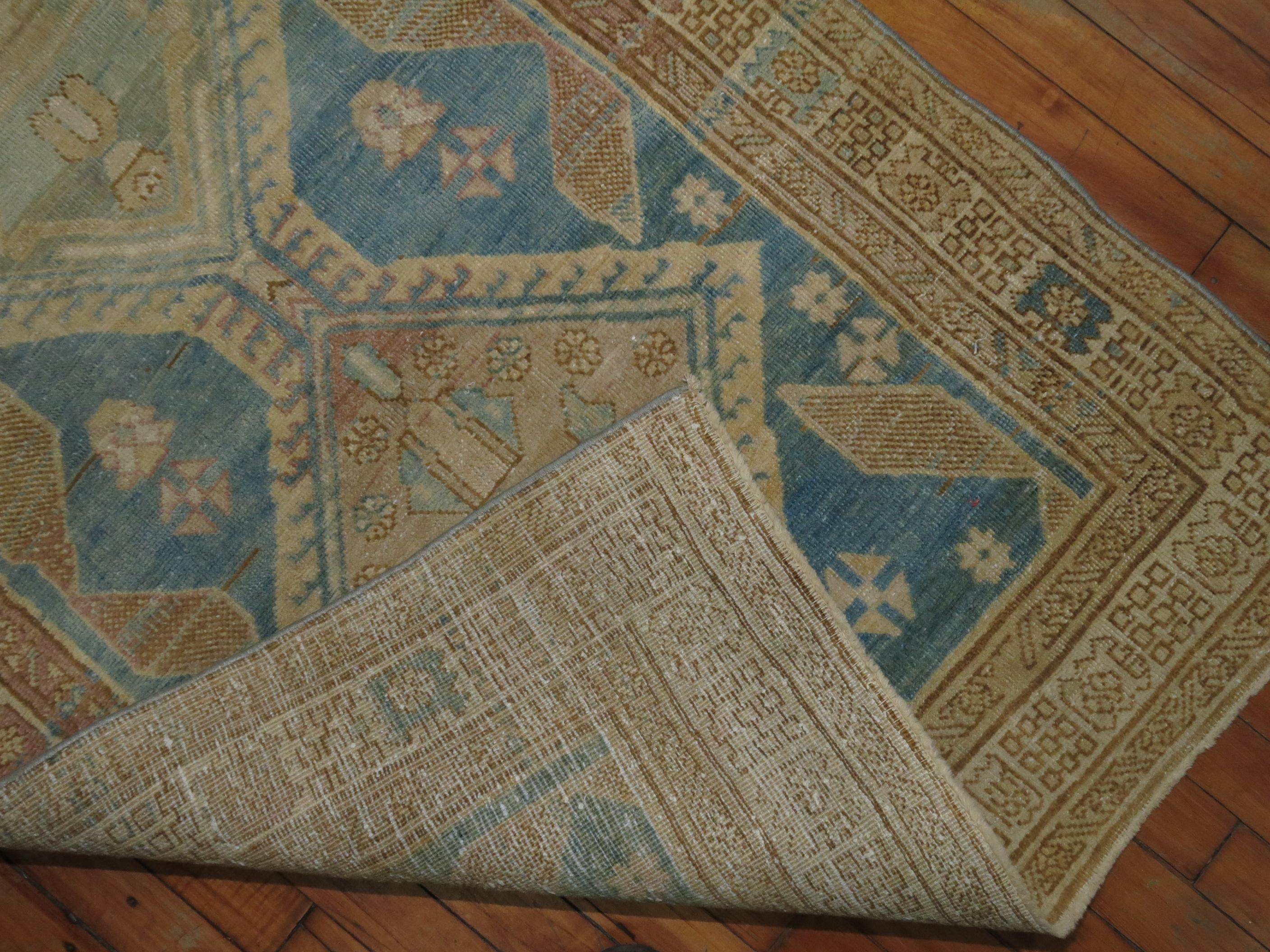 Hand-Knotted Ocean Blue Sand Color Persian Tribal Runner For Sale