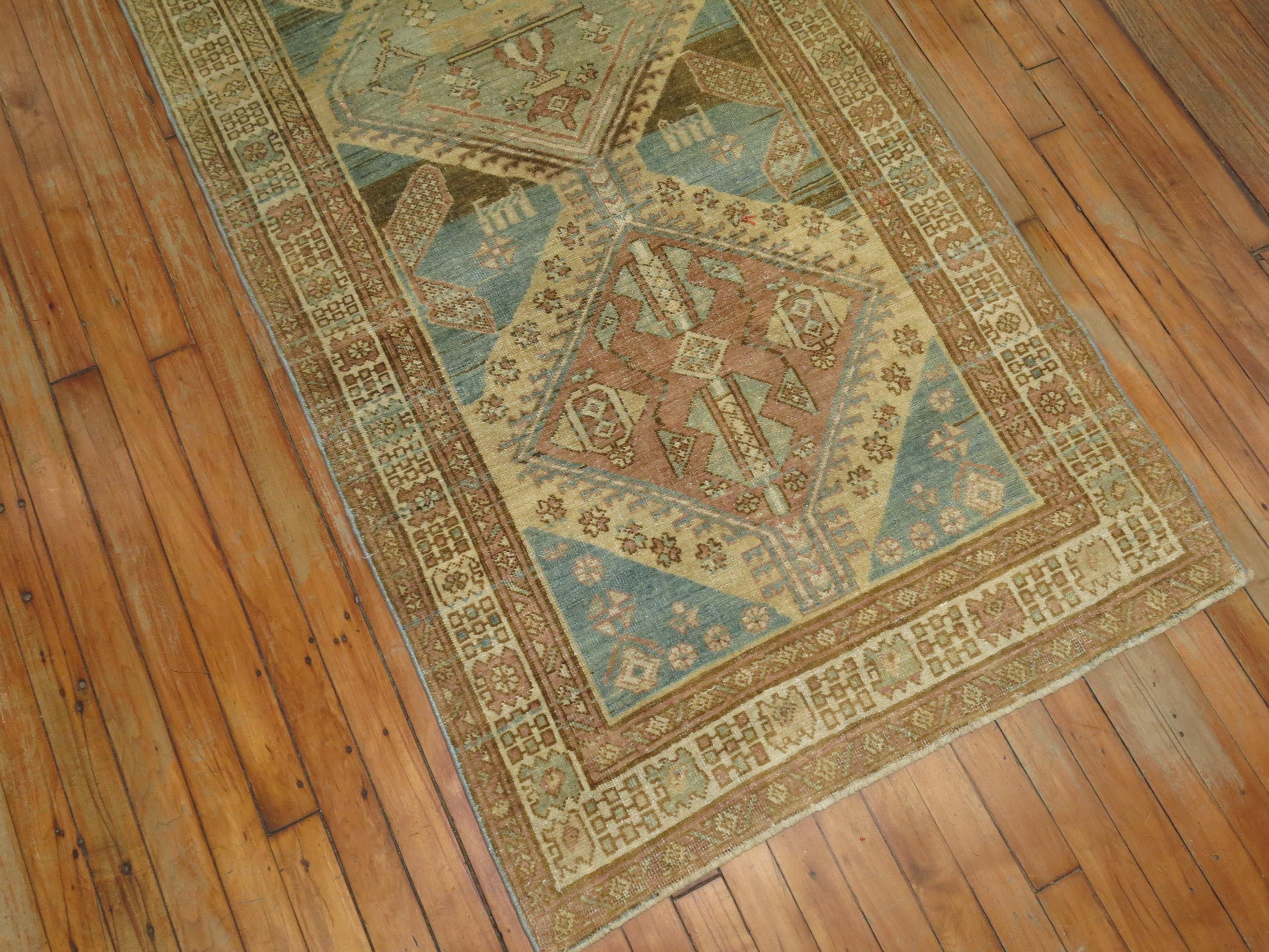 Ocean Blue Sand Color Persian Tribal Runner In Good Condition For Sale In New York, NY