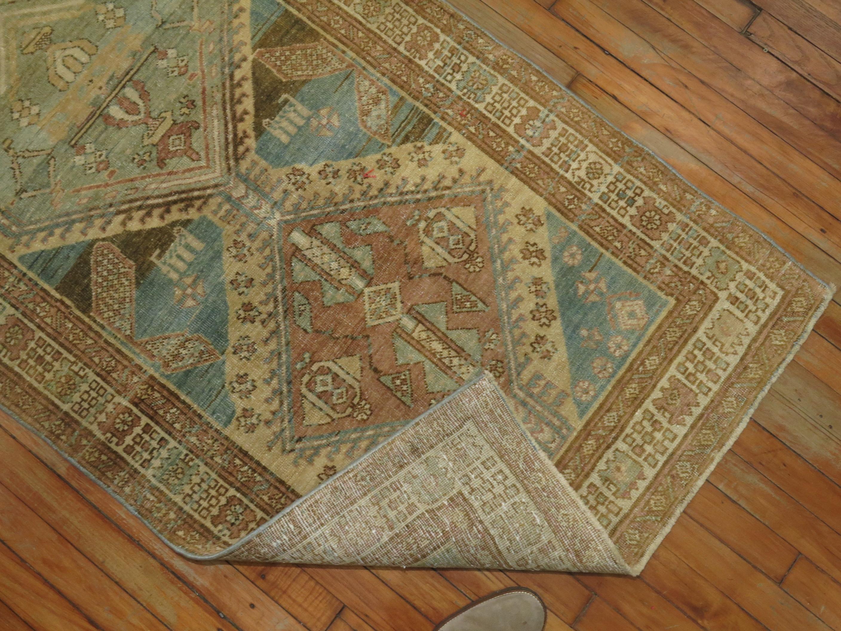Mid-20th Century Ocean Blue Sand Color Persian Tribal Runner For Sale
