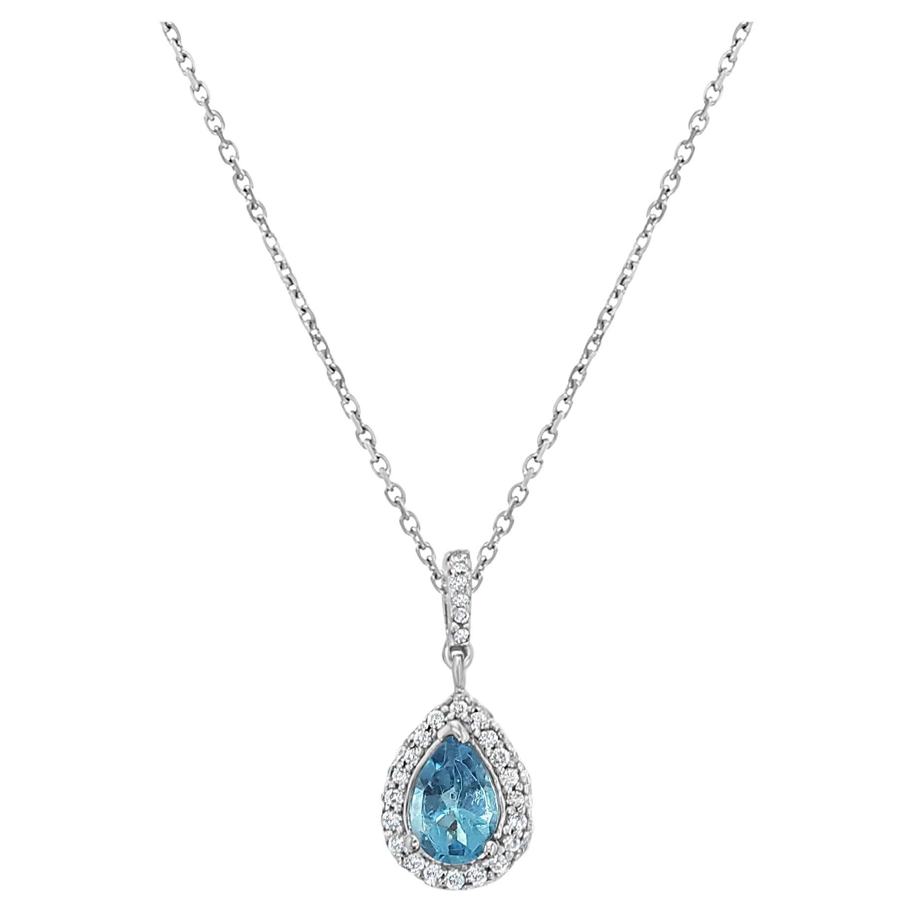 Ozeanblauer Topas Teardrop-Diamant-Anhänger .37cttw 14k Weißgold im Angebot
