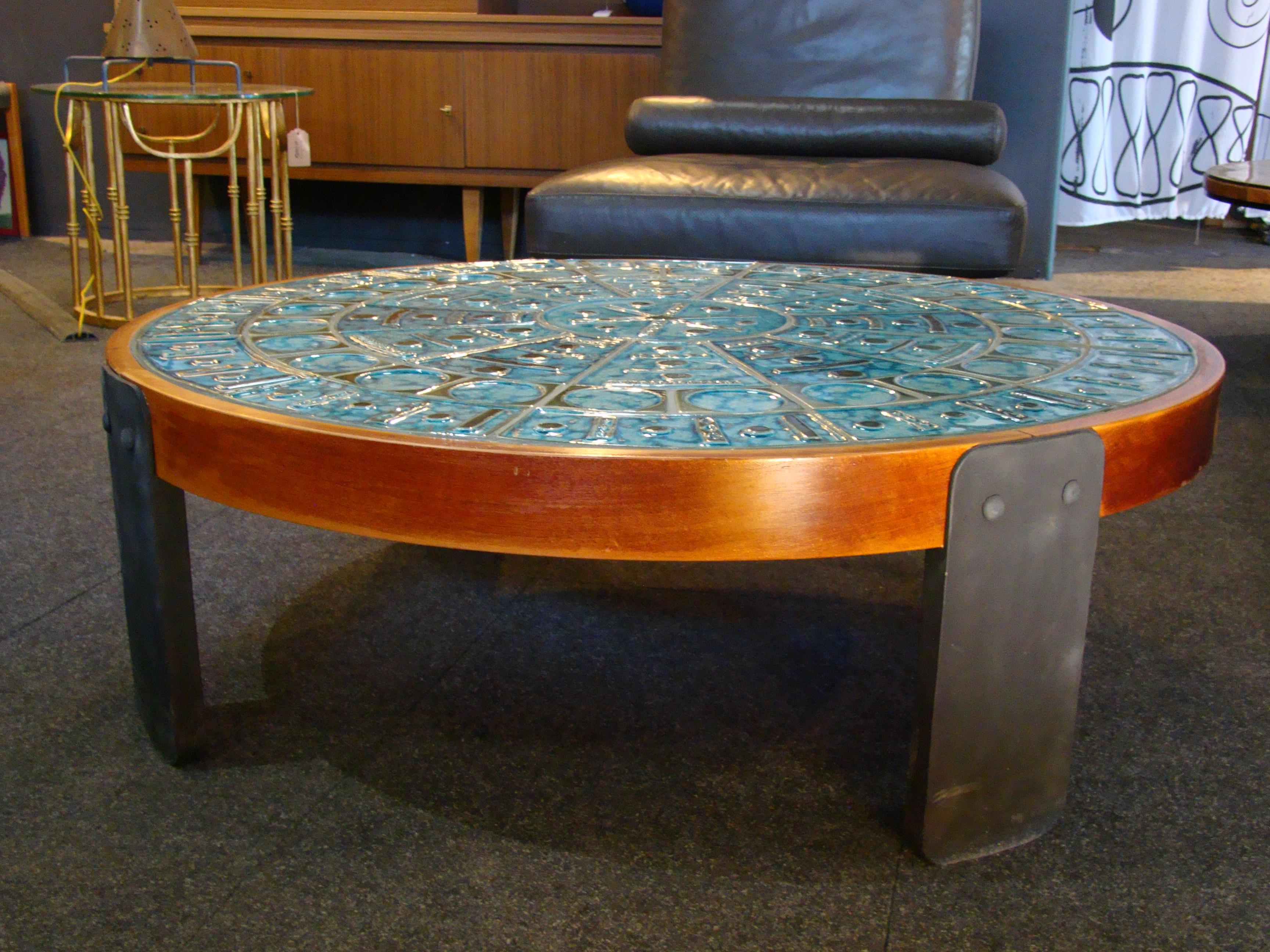 Contemporary Ocean Blue Vintage Round Tile-Top Cocktail Table by Jonathan Adler