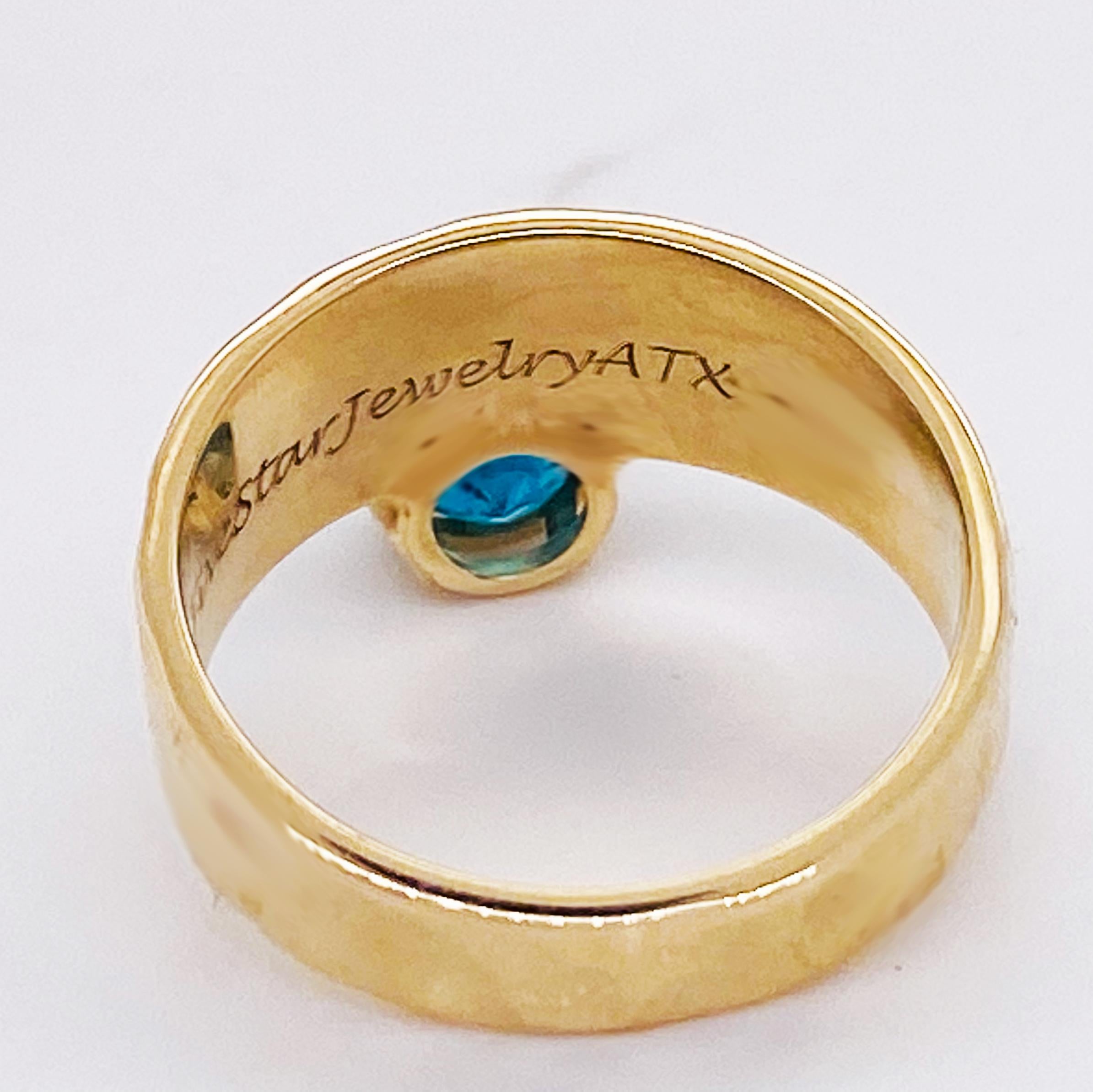 Ocean Blue Zircon Hammered Ring Asymmetrical 14k Gold Hammered Band Sizable For Sale 1