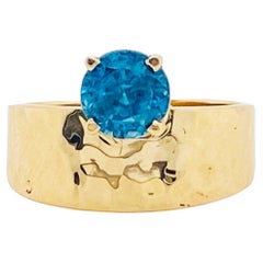 Ocean Blue Zircon Hammered Ring Asymmetrical 14k Gold Hammered Band Sizable