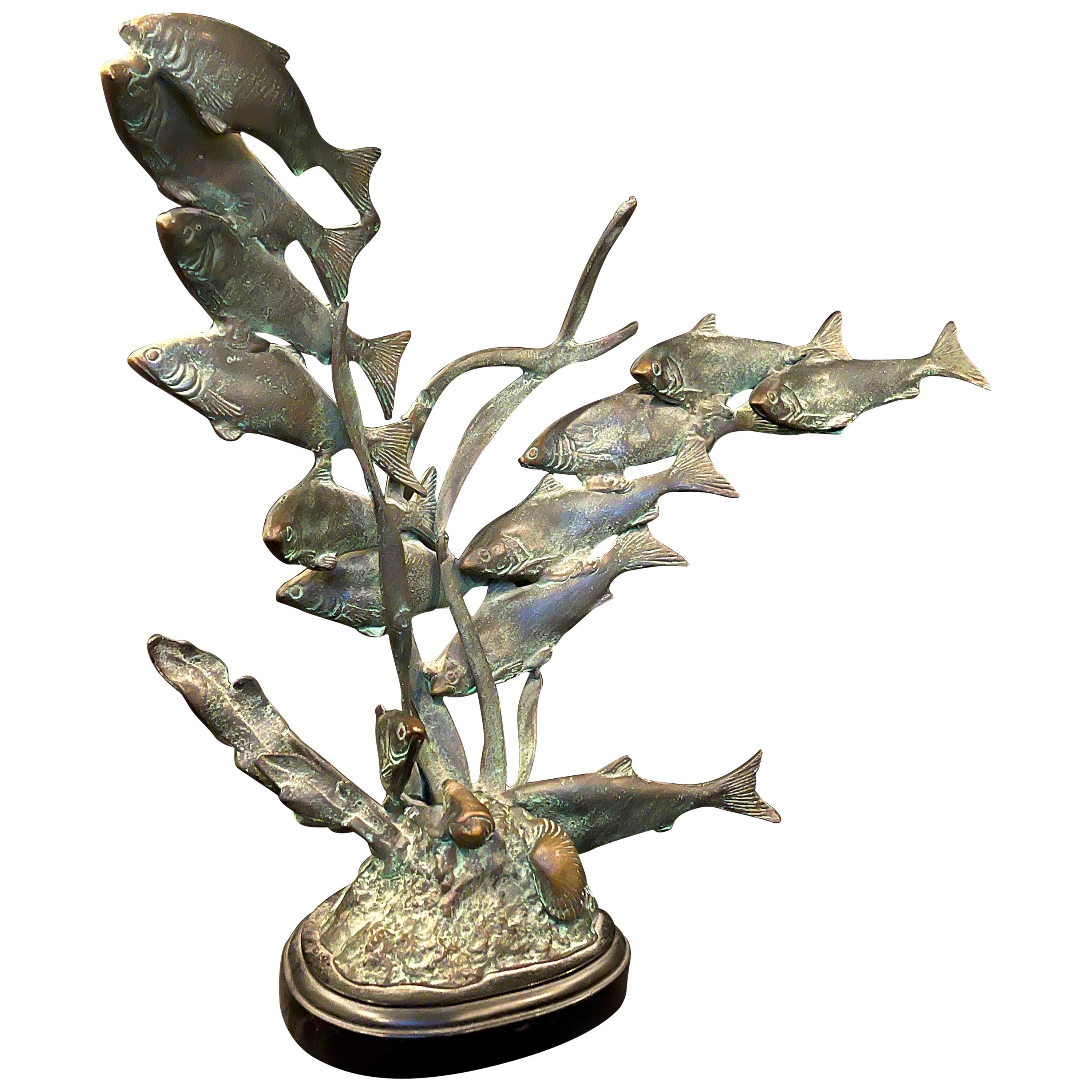 "Ocean Bottom," Mid Century Bronze Sculpture with Fish, Seaweed and Seashells