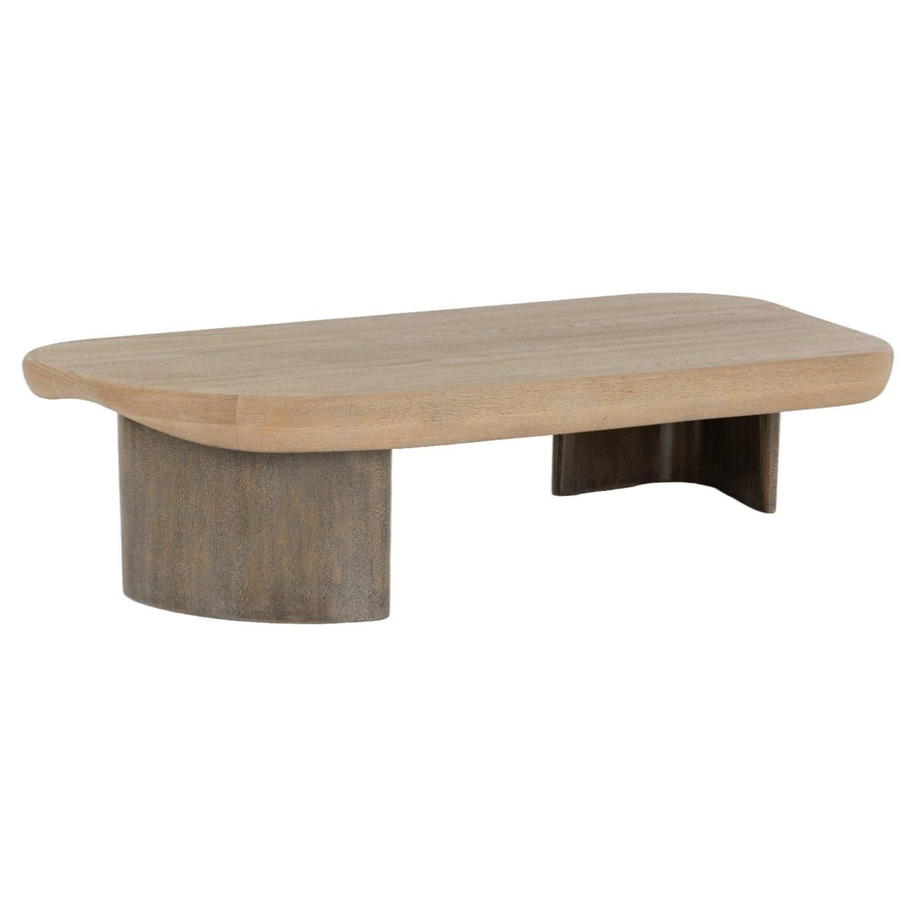  Coffee Table, Oak Top, Handmade Textured Lacquered Wood Base, Ocean