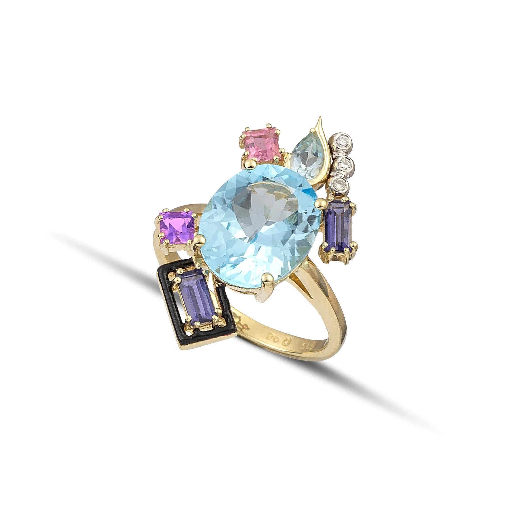 100% Recycled  14 K Yellow Gold, One Oval Blue Topaz 10x12mm, Two iolites, One pear-cut blue topaz, One amethyst, One tourmaline, Three Diamonds, Black enamel

Like a work of fine art, this ring surprisingly combines all shades and tones of blue and