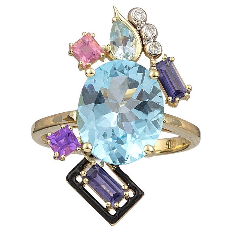Ocean Dive Gold Ring with Coloured Gemstones and Diamonds For Sale at