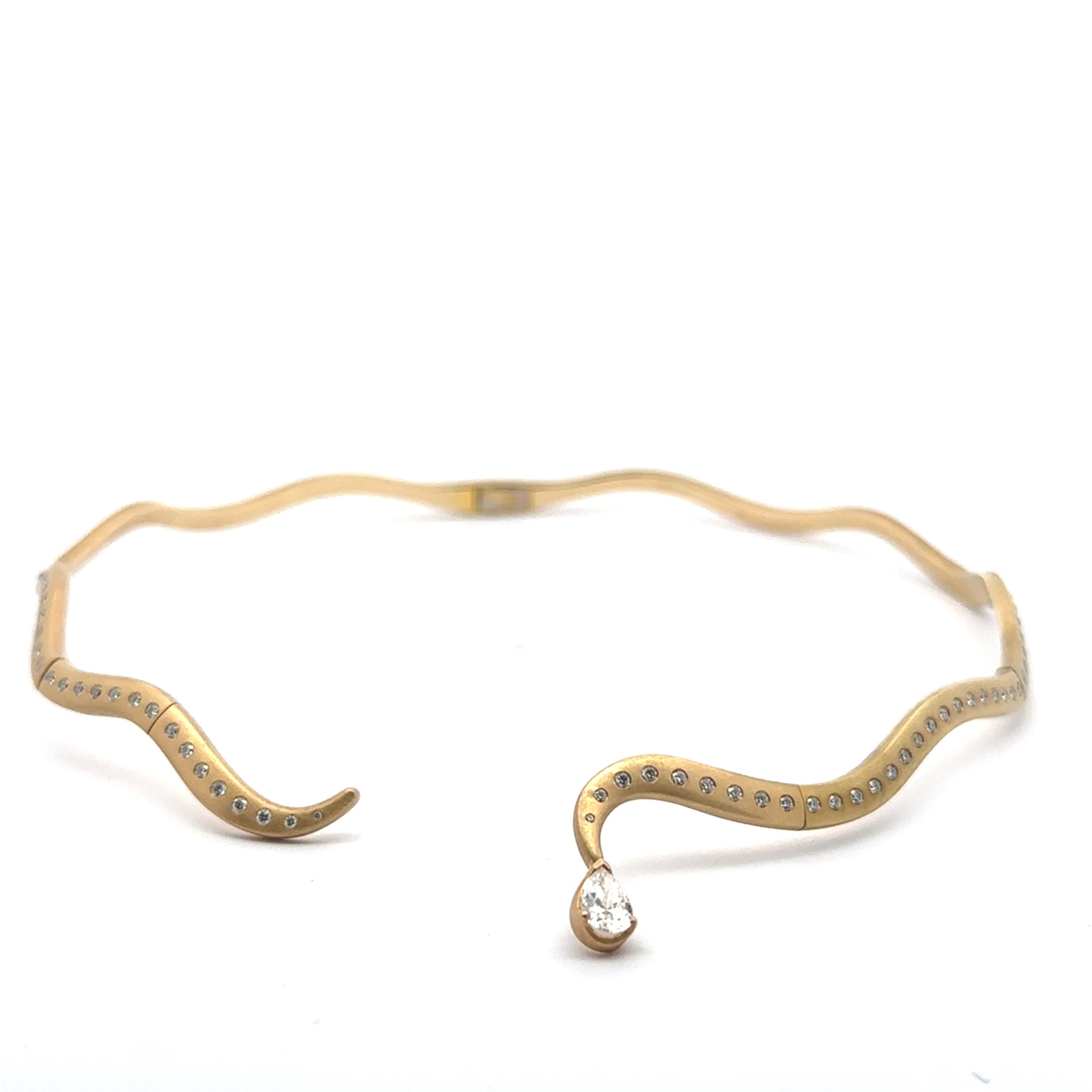 Contemporary Ocean Drop Diamond Choker in 18K Matte Gold with Pear Cut Diamond Drop For Sale