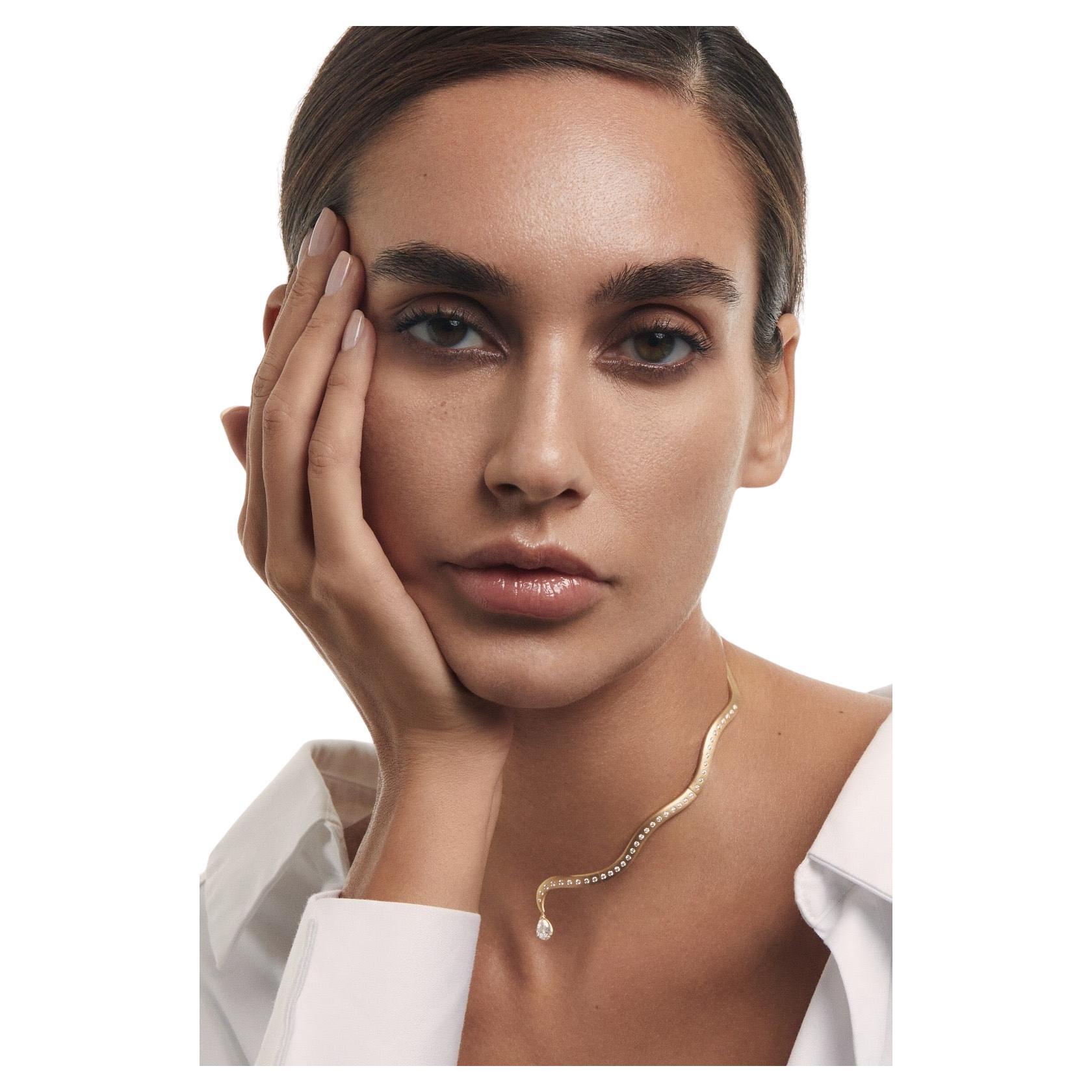 Ocean Drop Diamond Choker in 18K Matte Gold with Pear Cut Diamond Drop For Sale