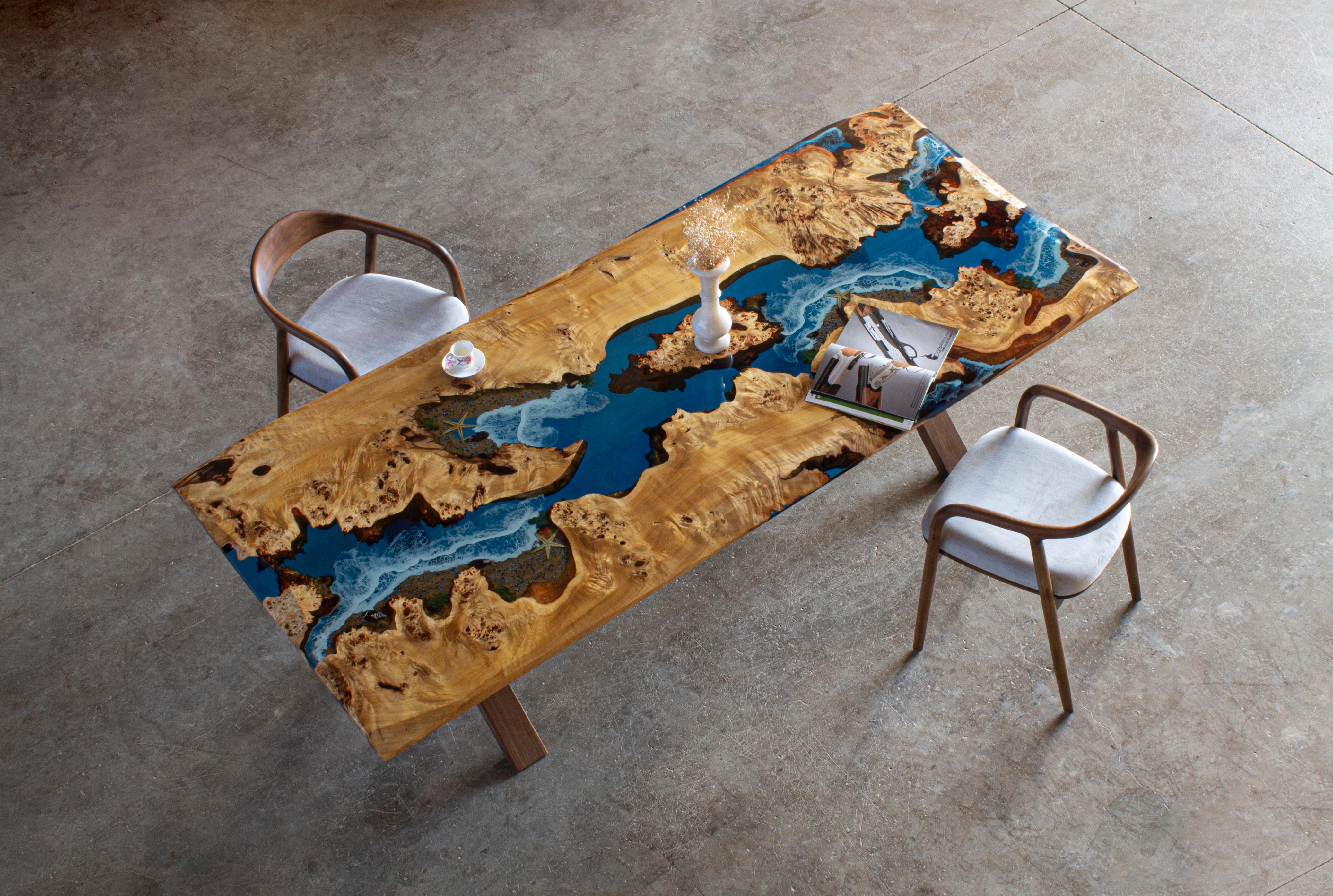 Arts and Crafts Ocean Epoxy Table - Custom Wood Dining Room Table - Customizable River Table For Sale