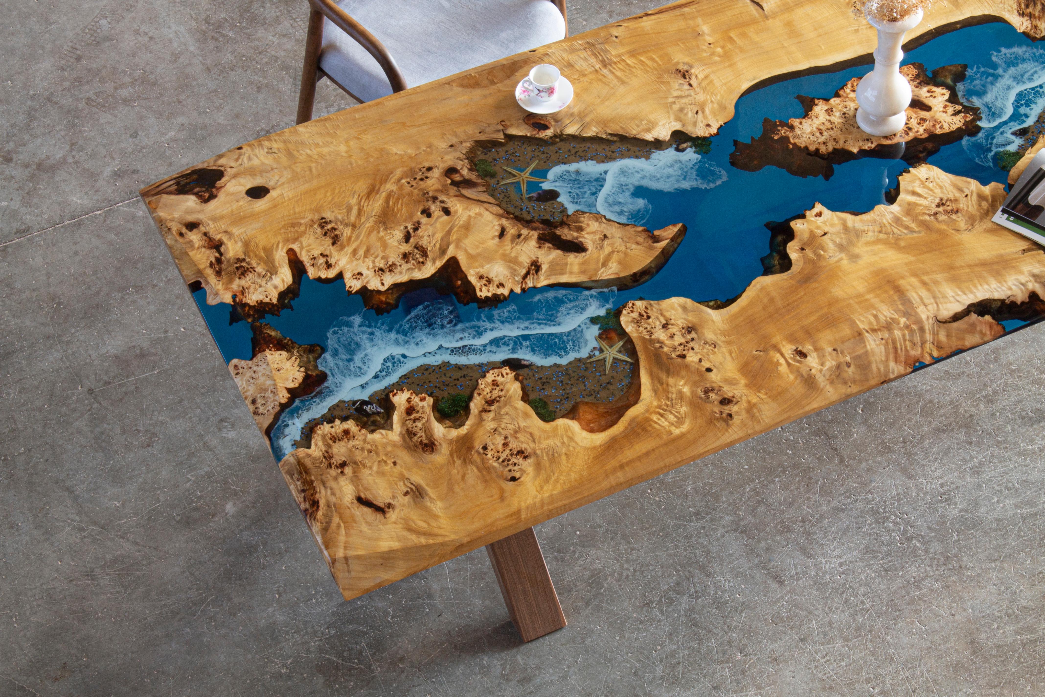 Turkish Ocean Epoxy Table - Custom Wood Dining Room Table - Customizable River Table For Sale