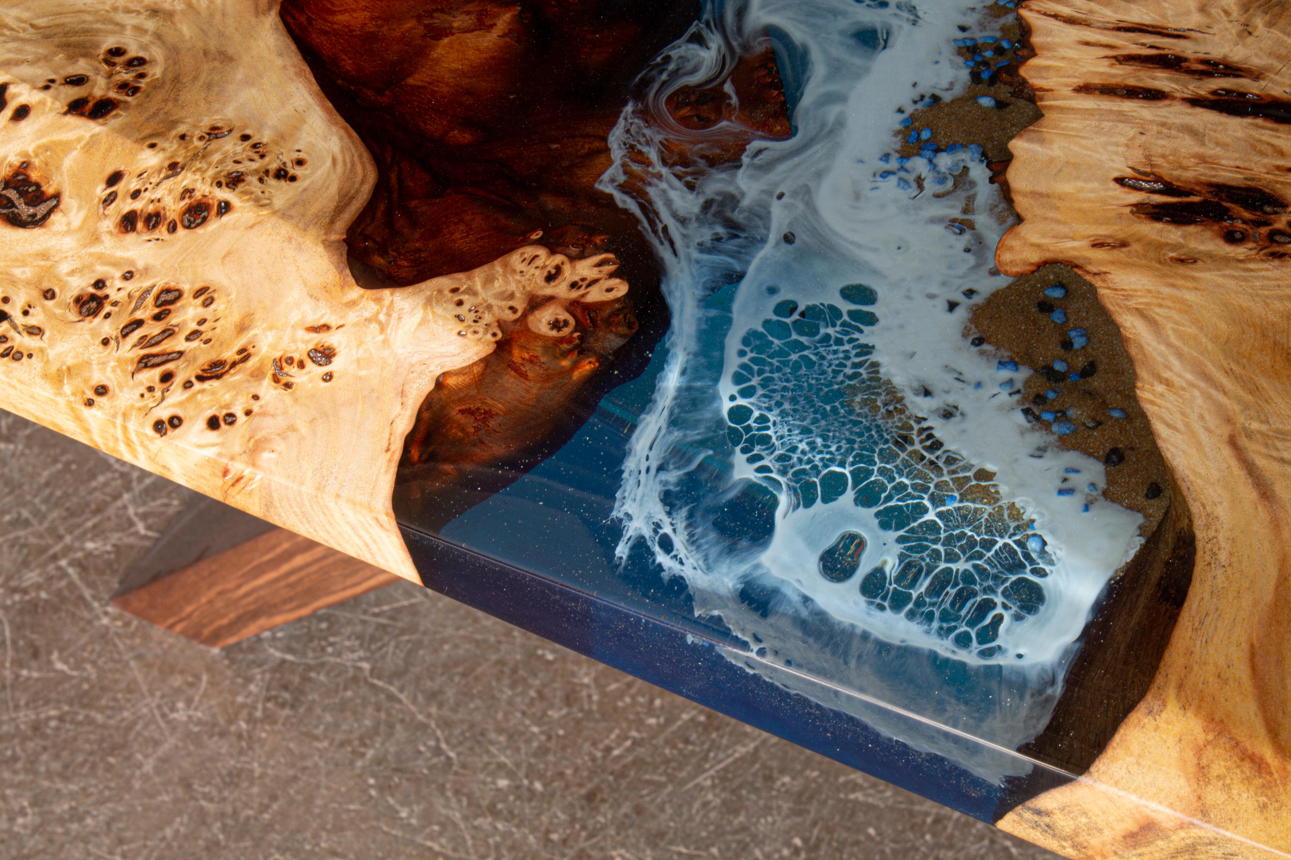 Brushed Ocean Epoxy Table - Custom Wood Dining Room Table - Customizable River Table For Sale