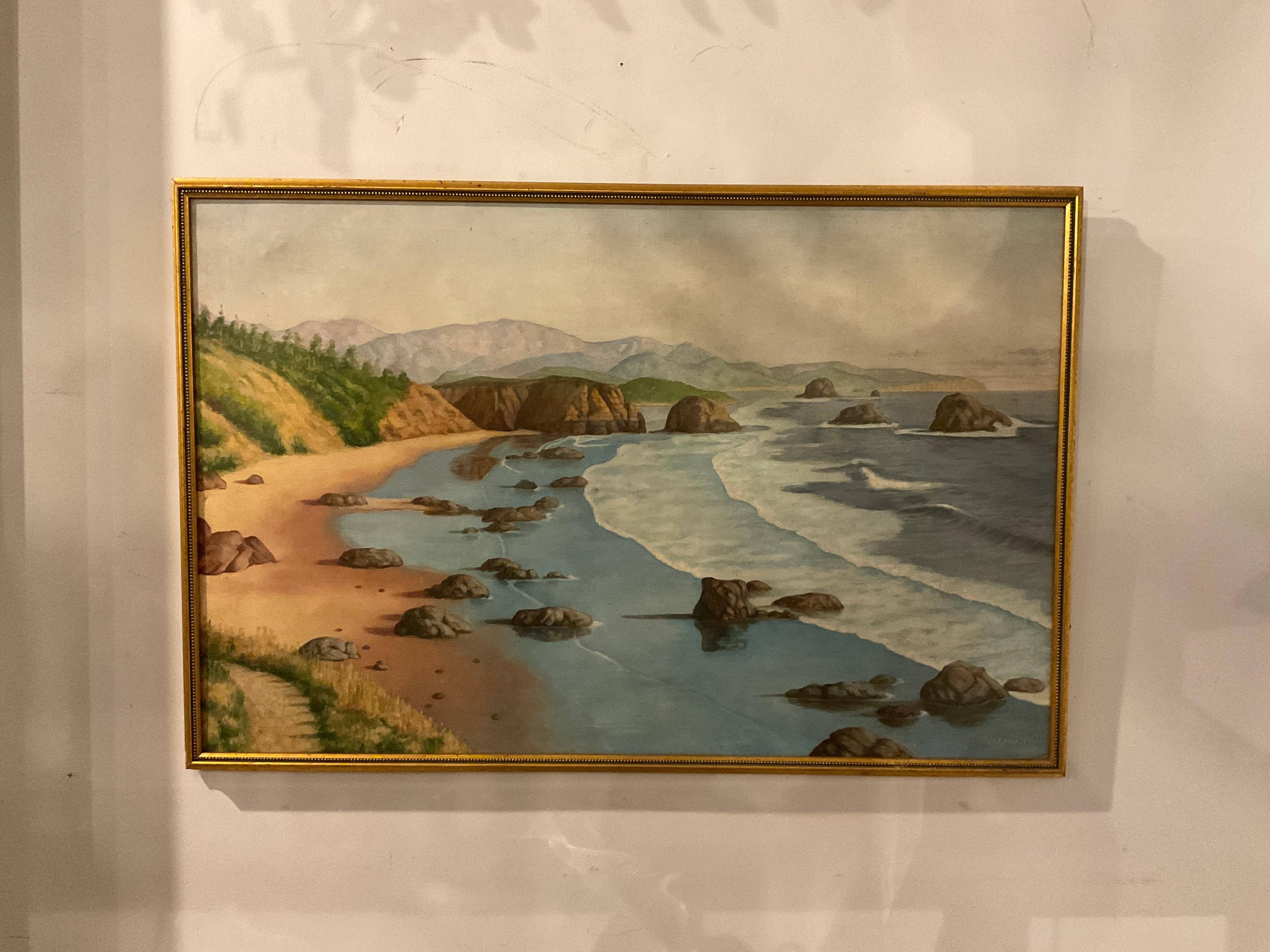 Oil on canvas of ocean view.