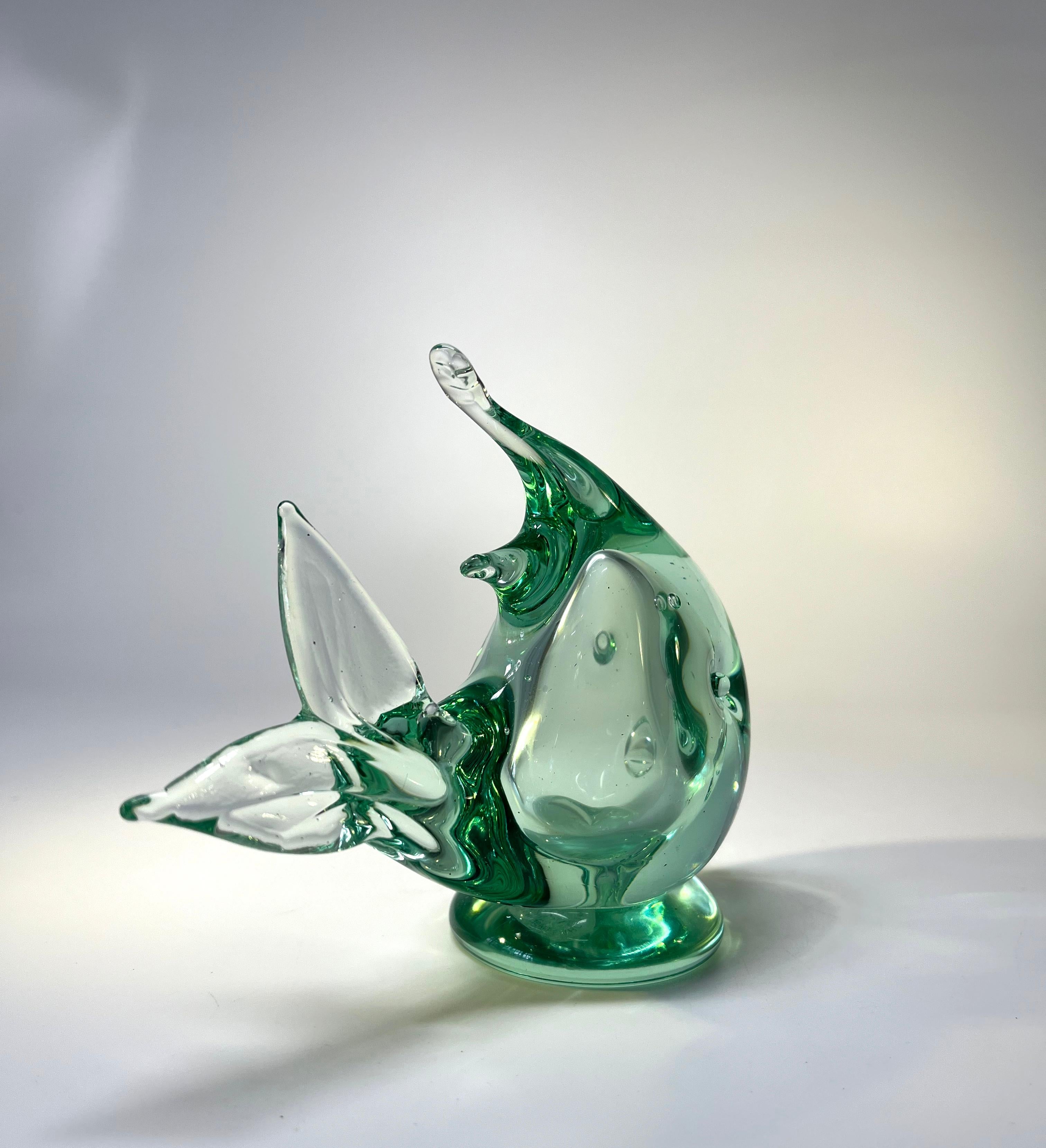 Hand-Crafted Ocean Green Murano Glass Angel Fish By Archimede Seguso, Italy 1970's For Sale