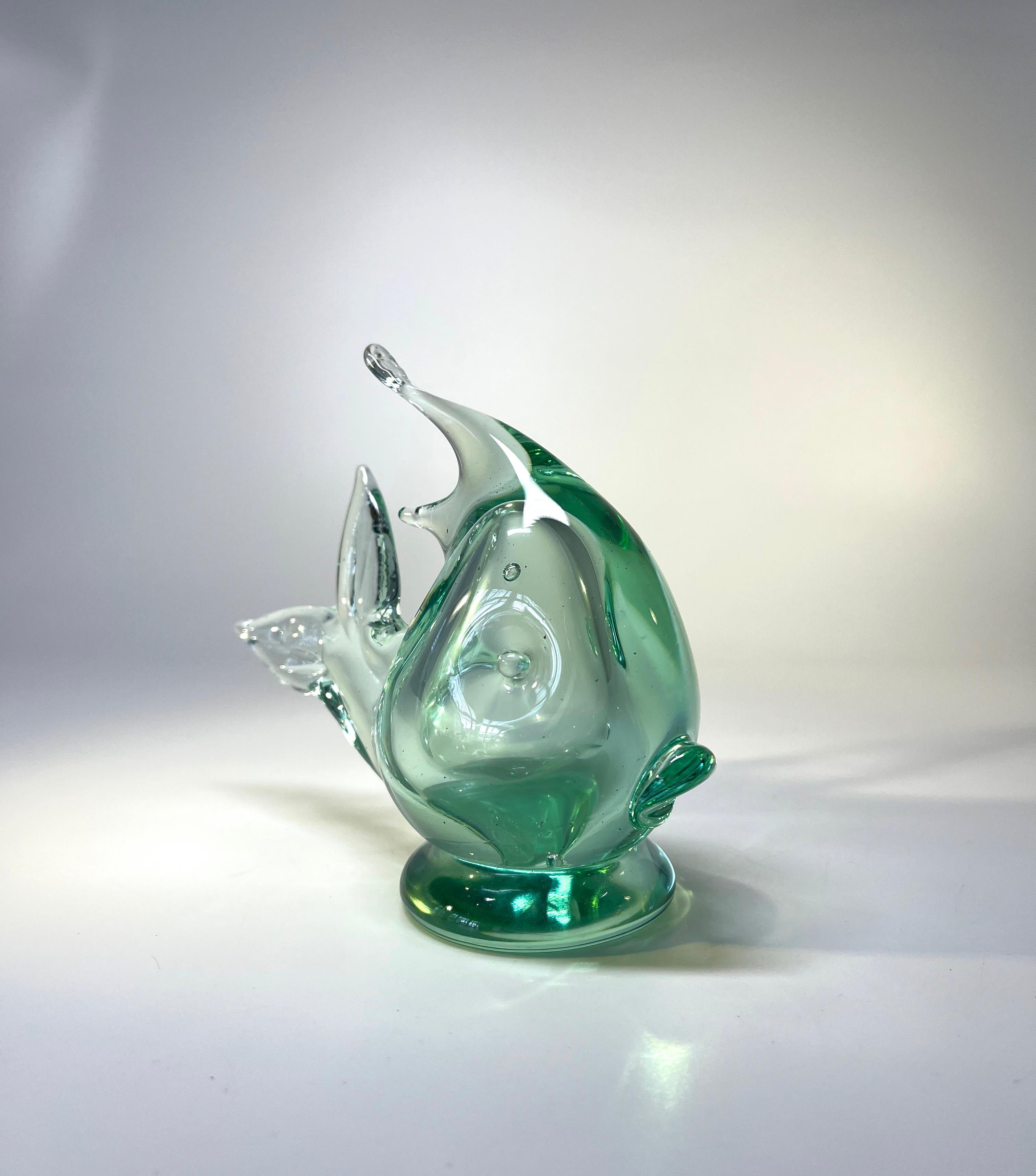 Italian Ocean Green Murano Glass Angel Fish By Archimede Seguso, Italy 1970's For Sale