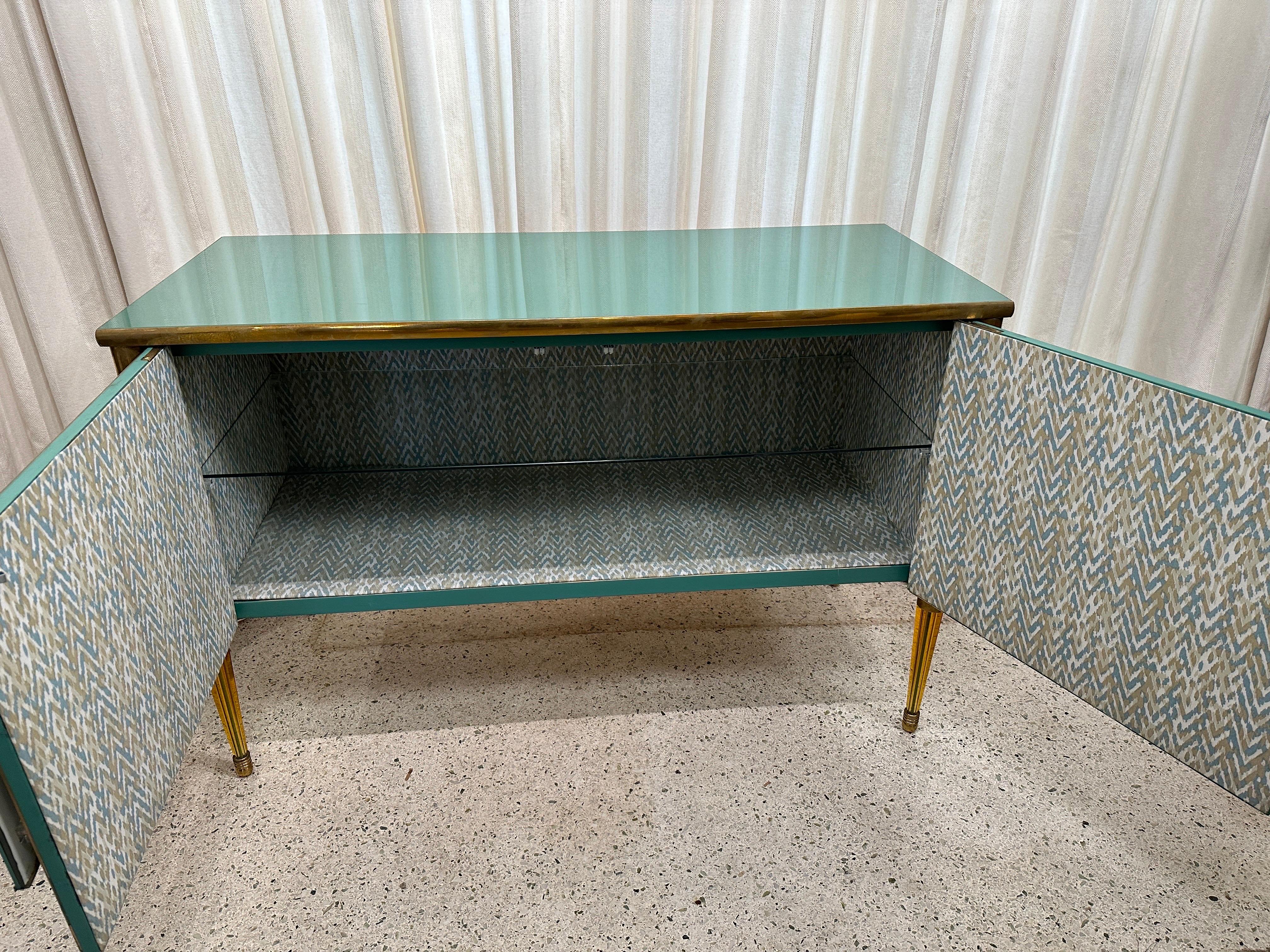 Ocean Green Painted Murano Glass and Brass Two-Door Cabinet (TWO AVAILABLE) For Sale 4