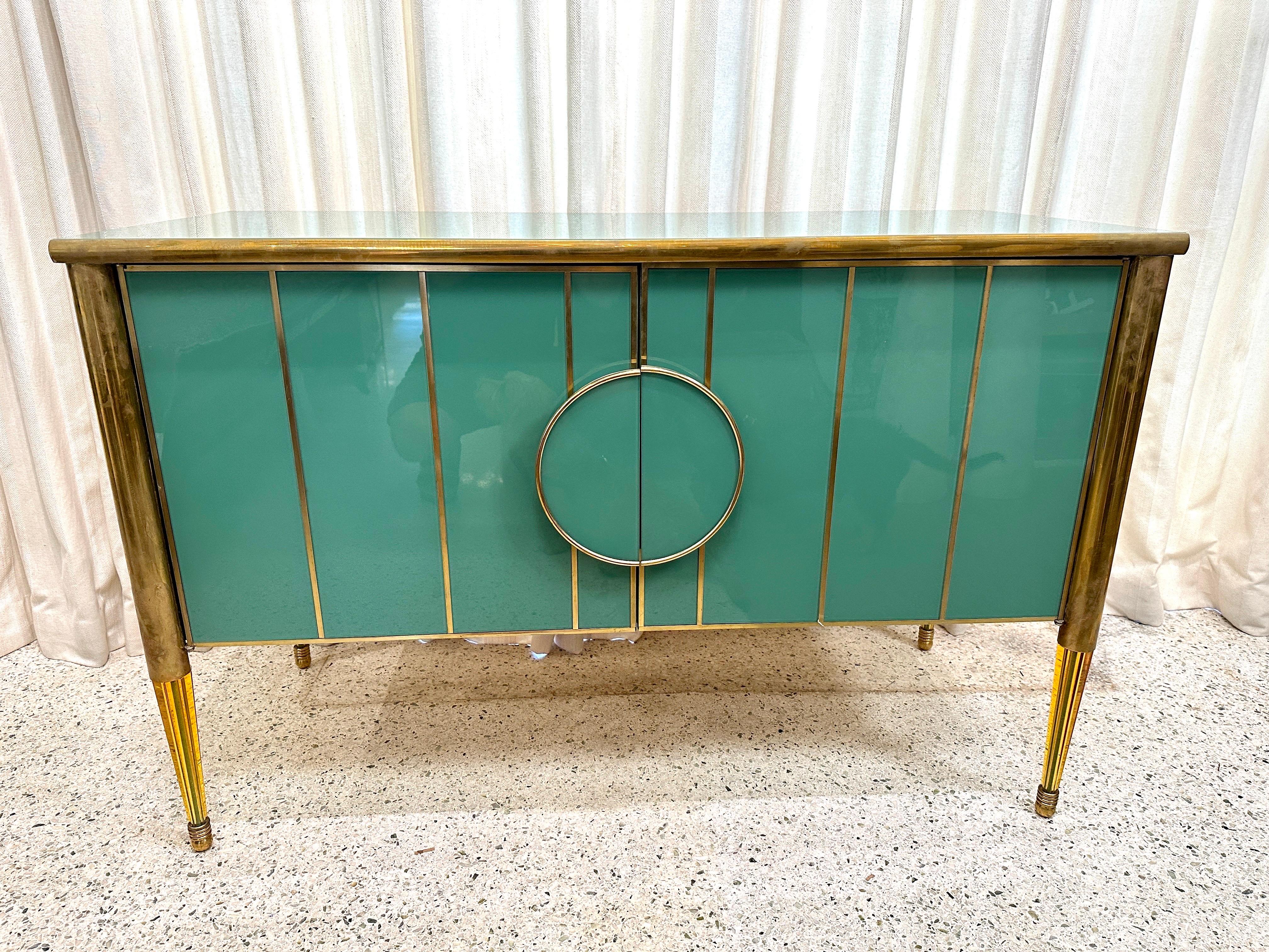 Ocean Green Painted Murano Glass and Brass Two-Door Cabinet (TWO AVAILABLE) For Sale 5