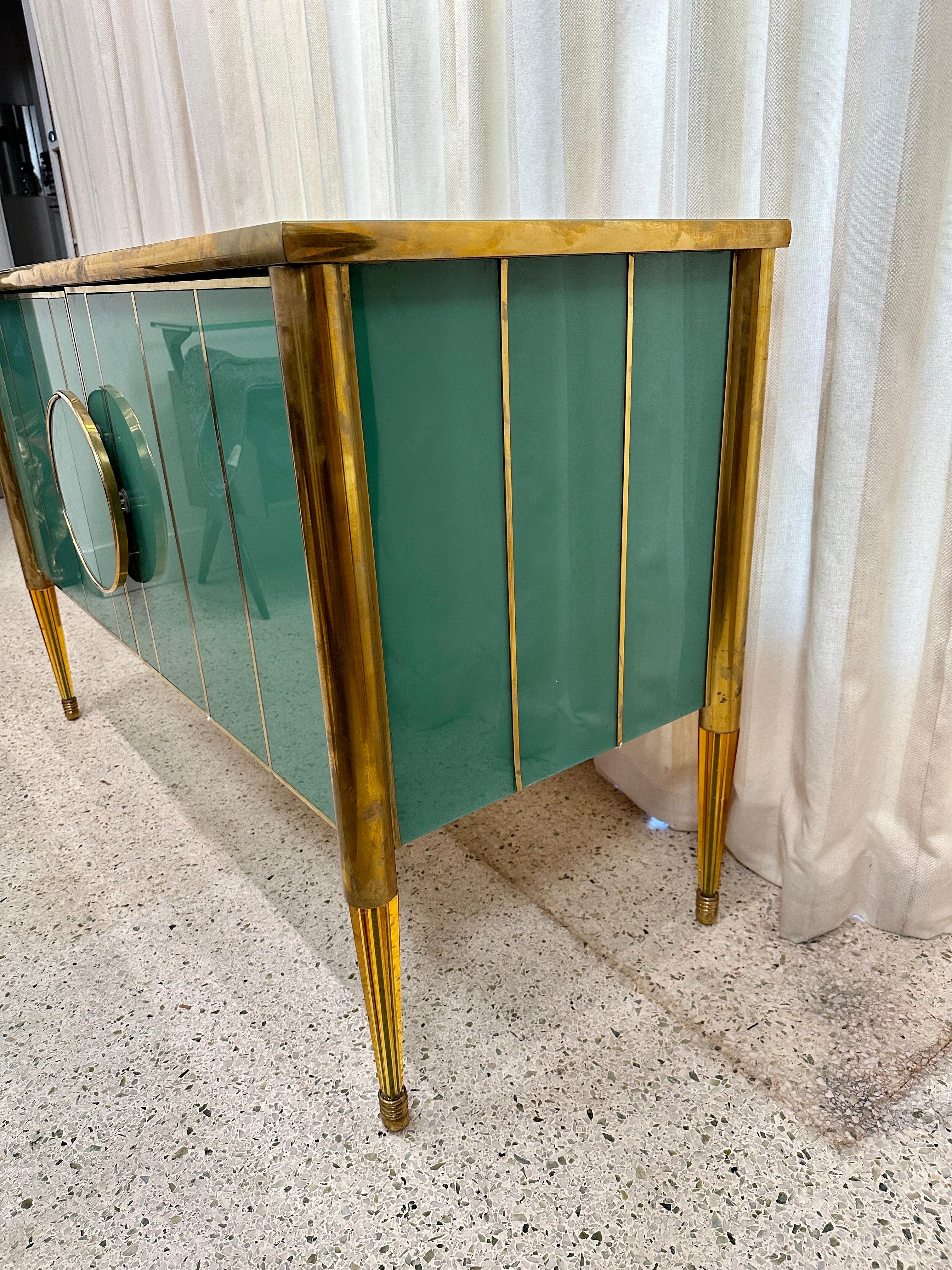 Ocean Green Painted Murano Glass and Brass Two-Door Cabinet (TWO AVAILABLE) For Sale 7