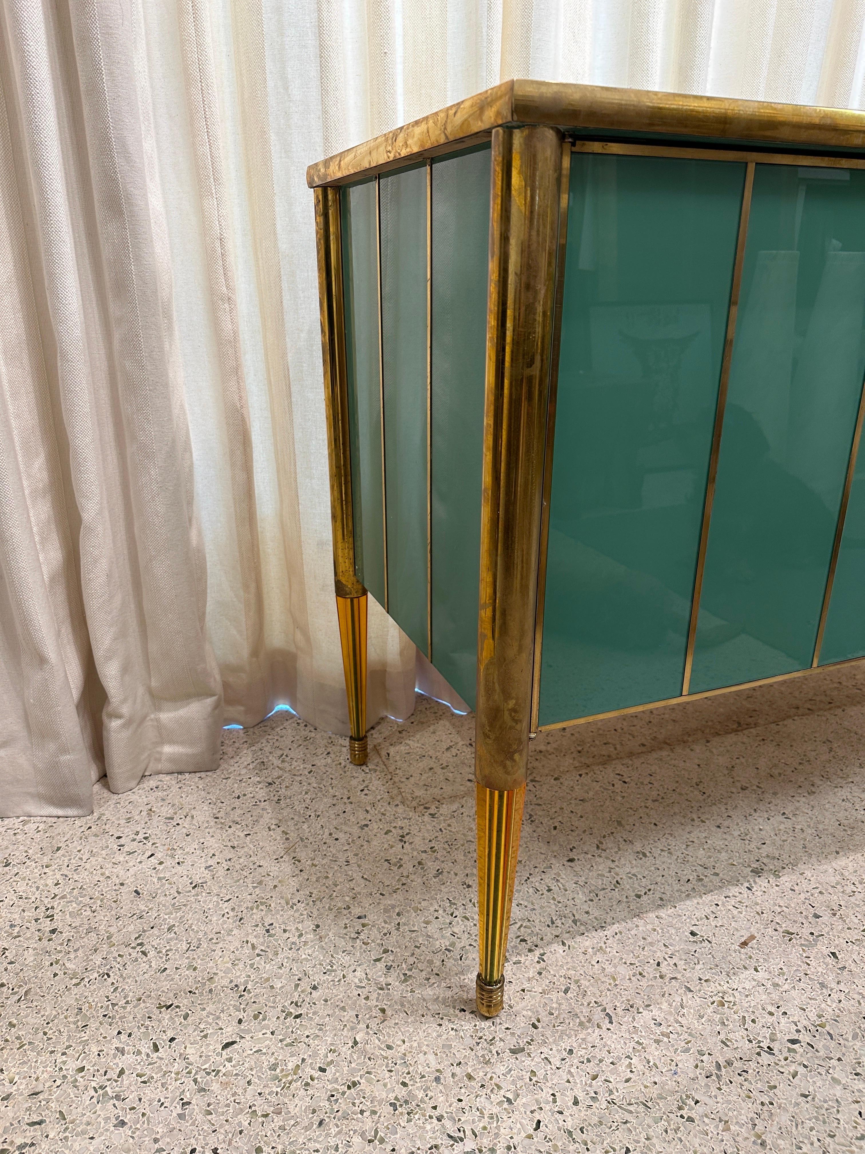 Ocean Green Painted Murano Glass and Brass Two-Door Cabinet (TWO AVAILABLE) For Sale 9