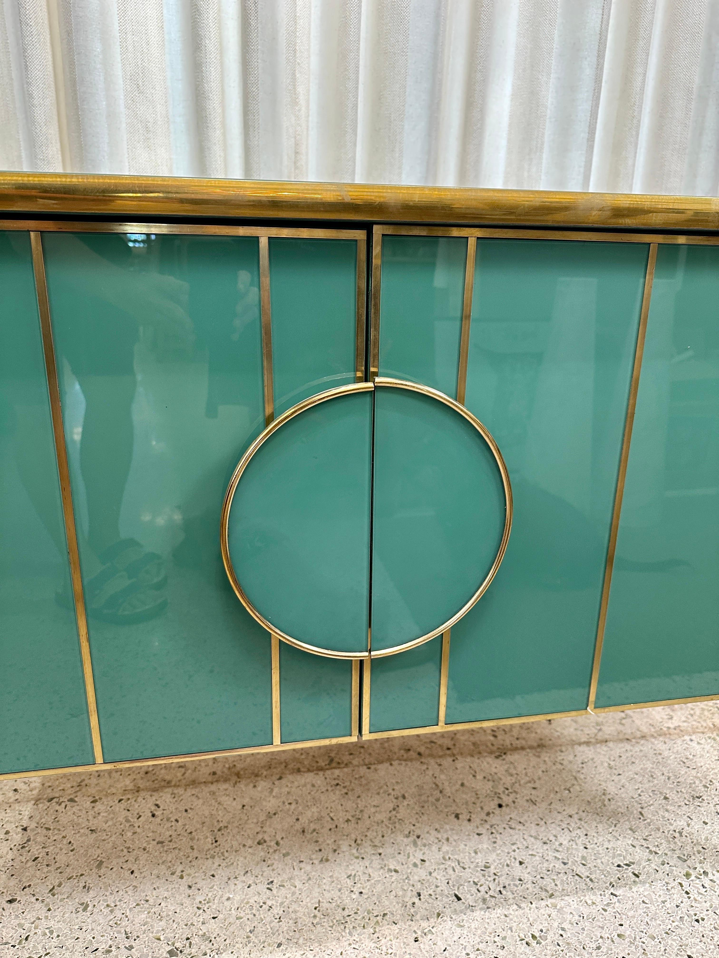 Italian Ocean Green Painted Murano Glass and Brass Two-Door Cabinet (TWO AVAILABLE) For Sale